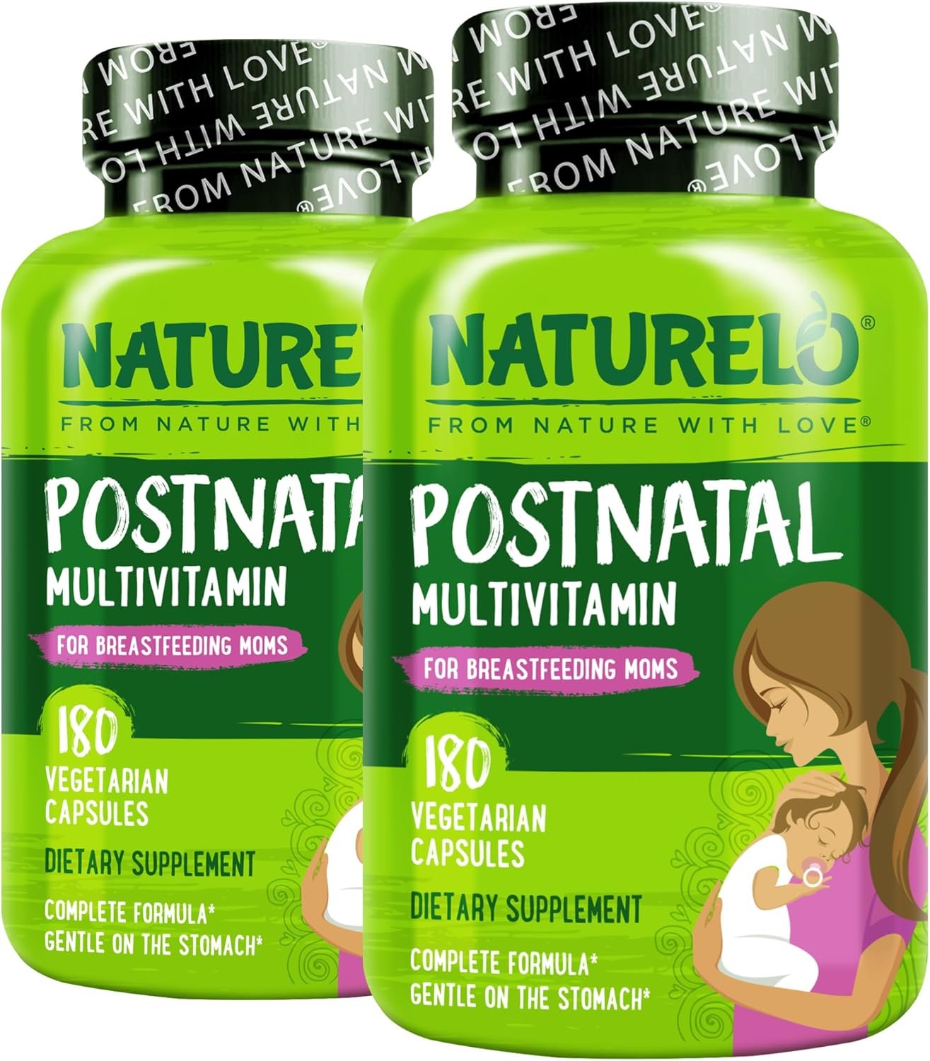 NATURELO Postnatal Multivitamin – Supplement for Breastfeeding Women – Plant-Based Vitamin D, Folate, Gentle Iron – for Nursing Mother, Baby – Post Natal Lactation Support – 180 Count (Pack of 2)