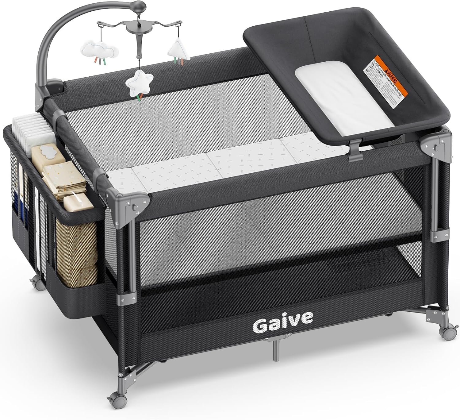 4 in 1 Baby Bassinet, One-Push Setup Pack and Play, Bedside Crib Sleeper with 3 Height Adjustable，Diaper Changer, Come with Comfy Mattress, Rotating Toy Bar, from Infants to Toddlers (Black)