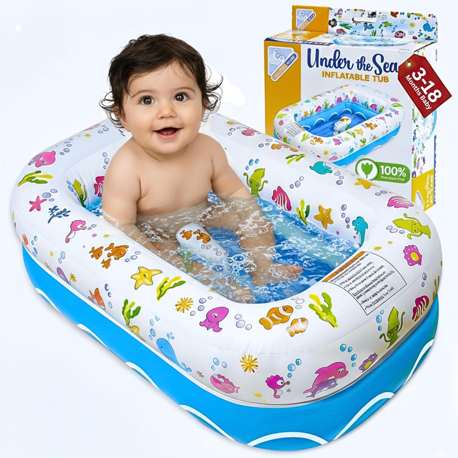 Mommy’s Helper | Inflatable Under The Sea Baby Bathtub, Collapsible Safe Baby Bath Tub with Anti-Sliding Saddle Horn Seat, Must Have Travel Toddler Bath, Portable Bathtub Recommended Months 3 to 18