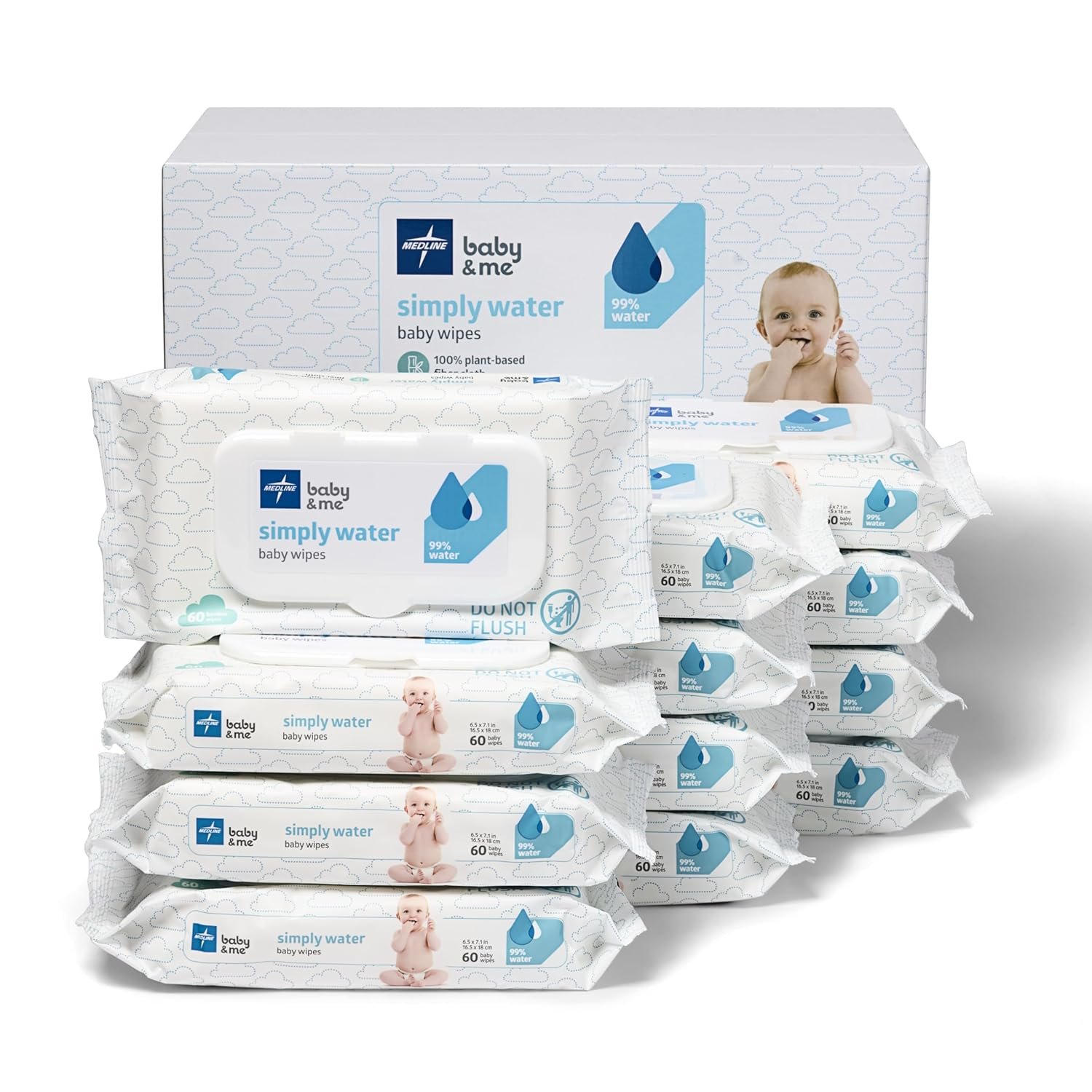 Medline Simply Water Baby Wipes, 99% Water Solution Wipes, 100% Plant-Based Bamboo Fiber Cloth, 60 Count (Pack of 12)