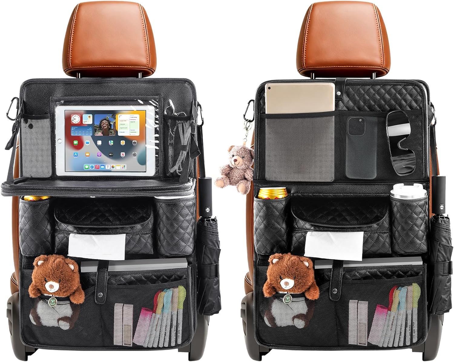 Car Backseat Organizers 2-Pack with Foldable Tray – PU Leather Back Seat Car Organizers with 11 Storage Pockets, Tablet Holders, Kick Mats Protectors for Kids Family Travel Essentials (Black)