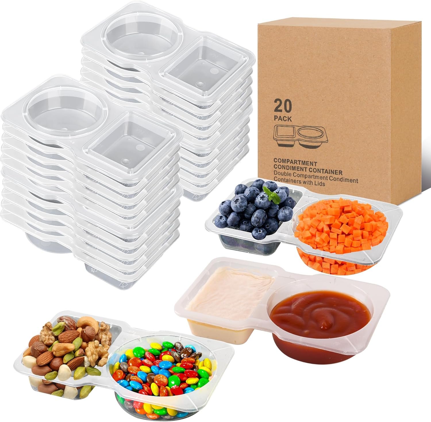 20 sets Reusable Snack Containers 2 Compartment Condiment Container With Lids Snackle Box Container Portion Control for Refrigeration Sauce,Outdoor Takeaway,Travel