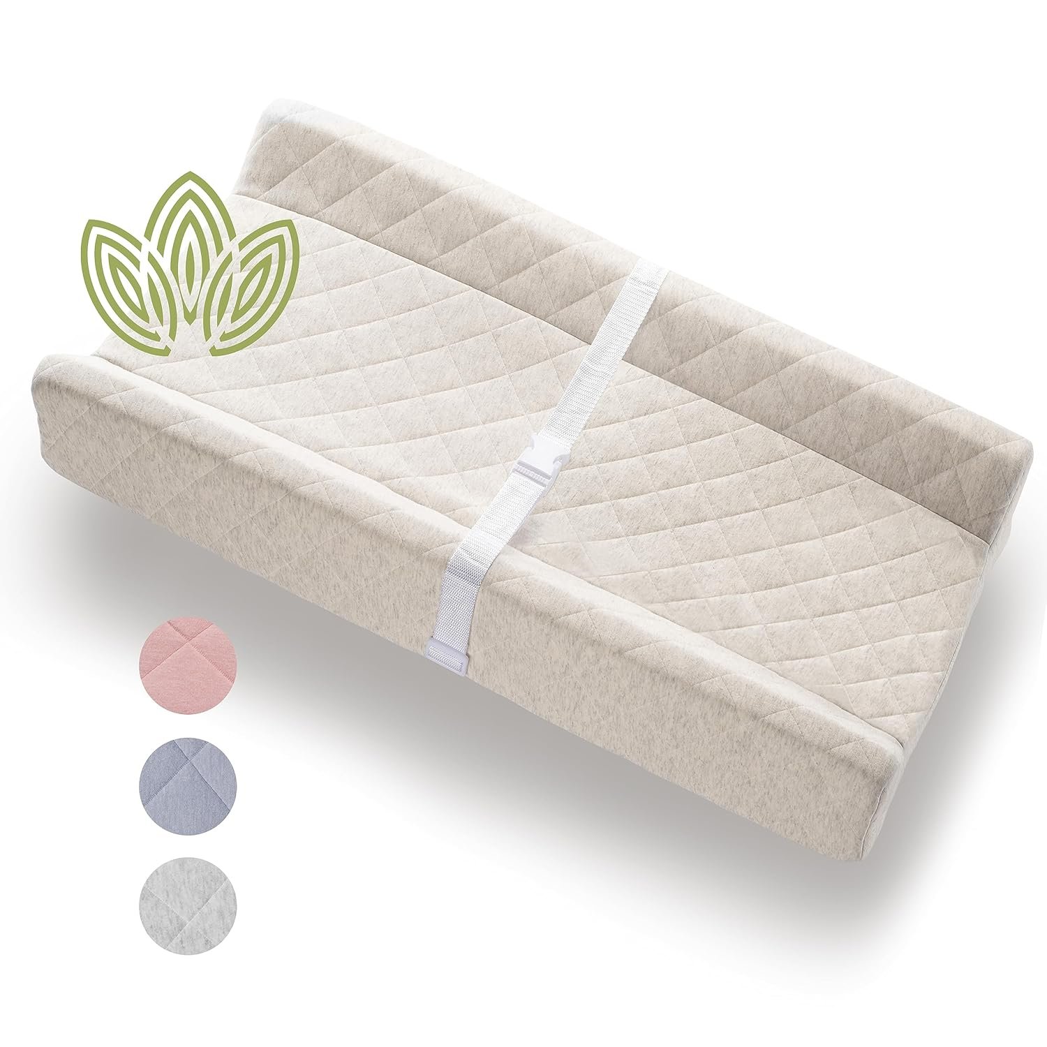 Organic Cotton Contoured Baby Changing Pad w/Waterproof Foam Mattress, Includes Soft, Removable & Washable Cover, Safety Strap, Non-Slip Bottom, Topper for Standard Size Infant Diaper Table & Dresser