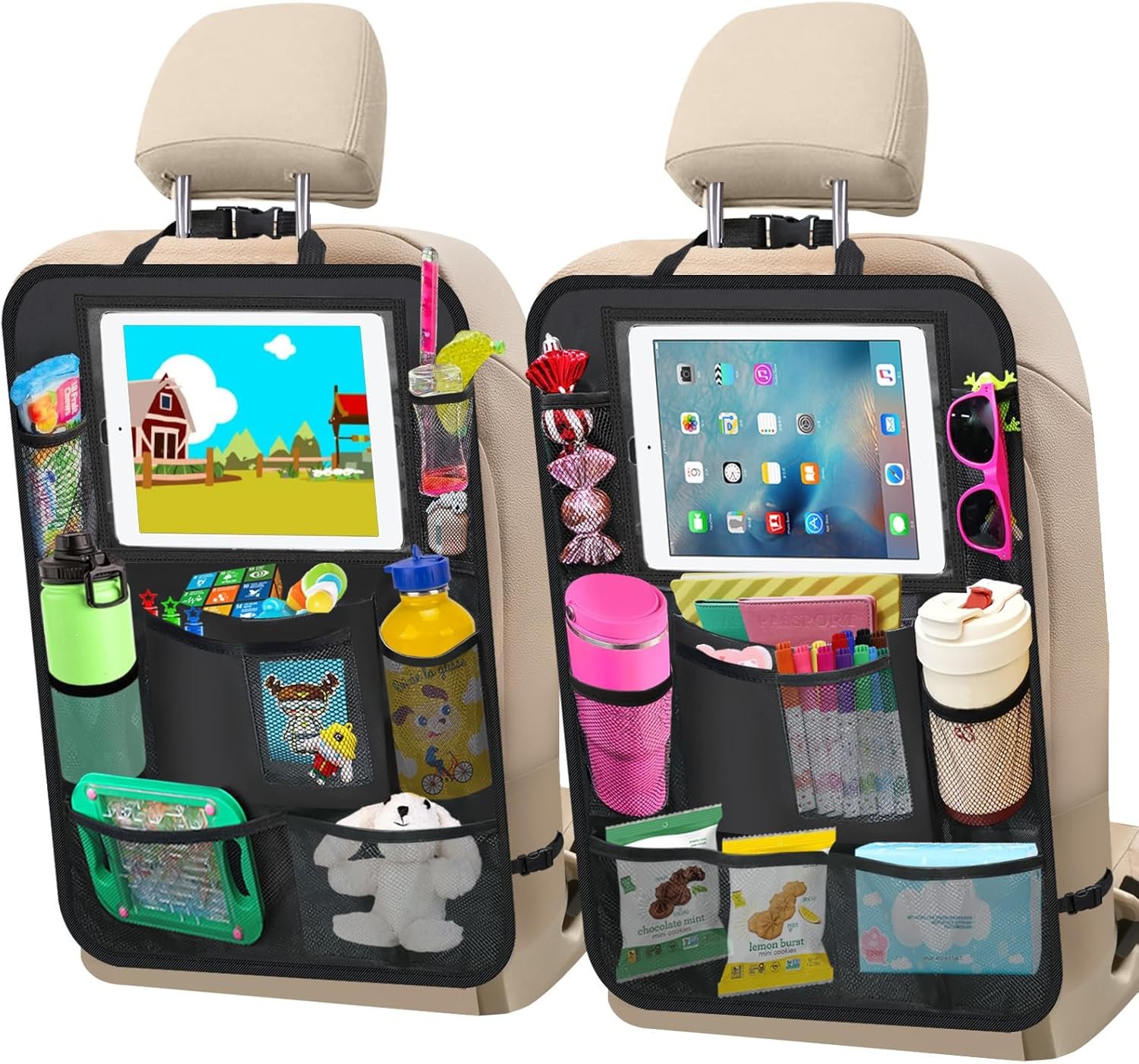 Car Backseat Organizer ，2 Pack Car Organizer Back Seat with 11″ Tablet Holder, 10 Storage Pockets Seat Back Protectors Kick Mats for Kids Toddlers, Travel Accessories (Black)