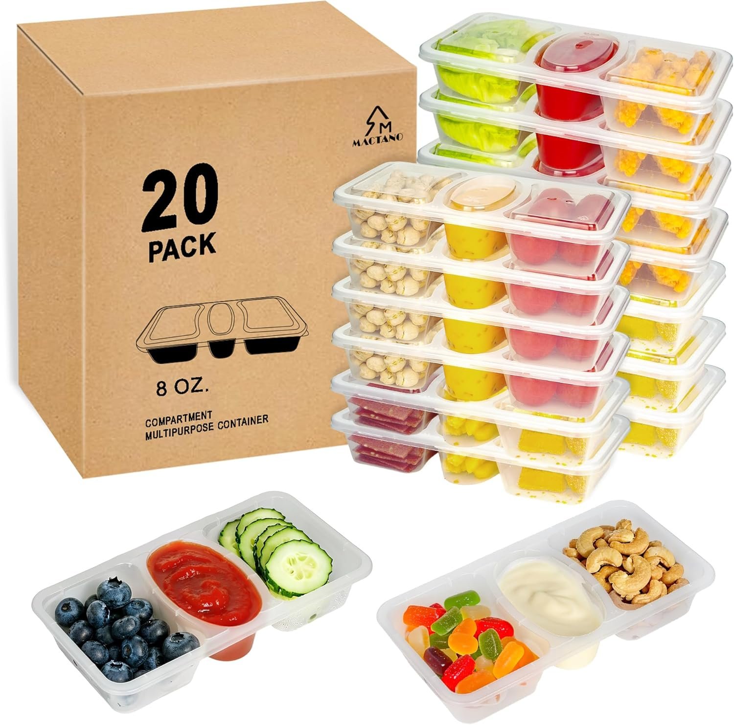 MACTANO 8 OZ Reusable Snack Containers with Lids, New 3 Compartment Condiment Snack Pack Containers 20 Sets