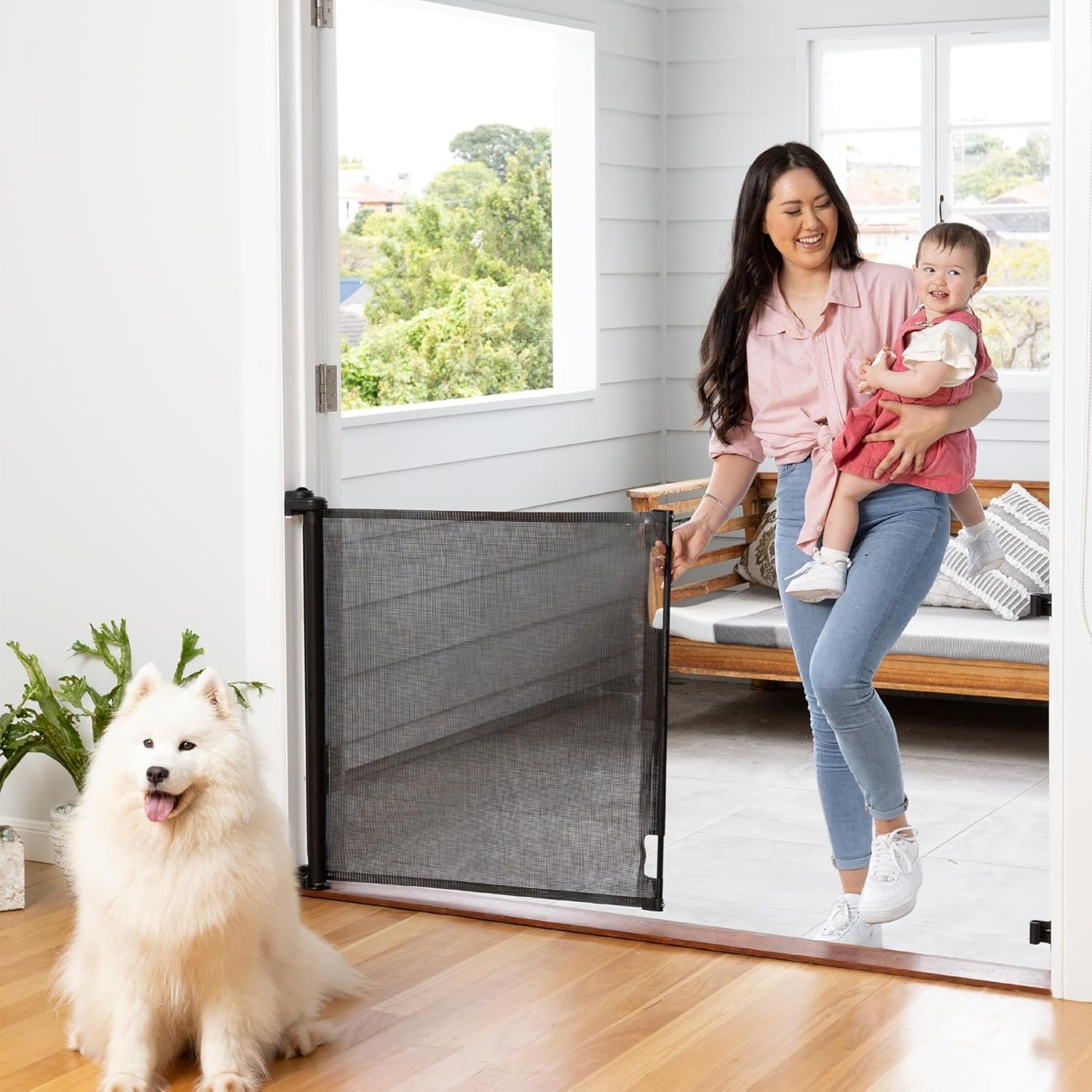 Retractable Baby Gate Perma Child Safety 33″ Tall x 71” Wide, Mesh, for Stairs, Doorways, Dogs, Pets, Indoor, Outdoor, One-Handed Operation, Locking, Easy Install, Hardware Mount, Black