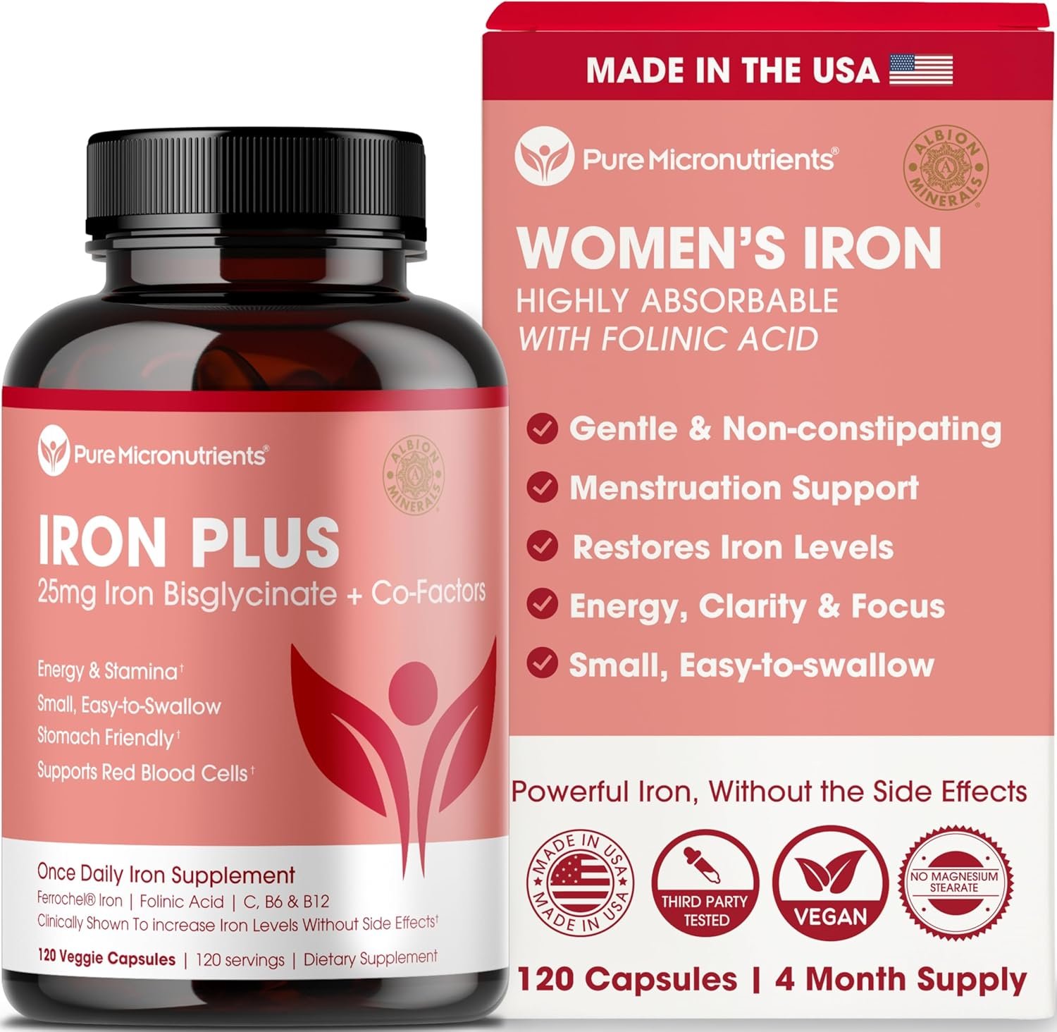 Iron Supplement for Women – Gentle Chelate Iron Bisglycinate 25mg with Vitamin C, B6, B12 Folic Acid – Supports Iron Deficiency, Menstrual Health & Energy – 120 Count