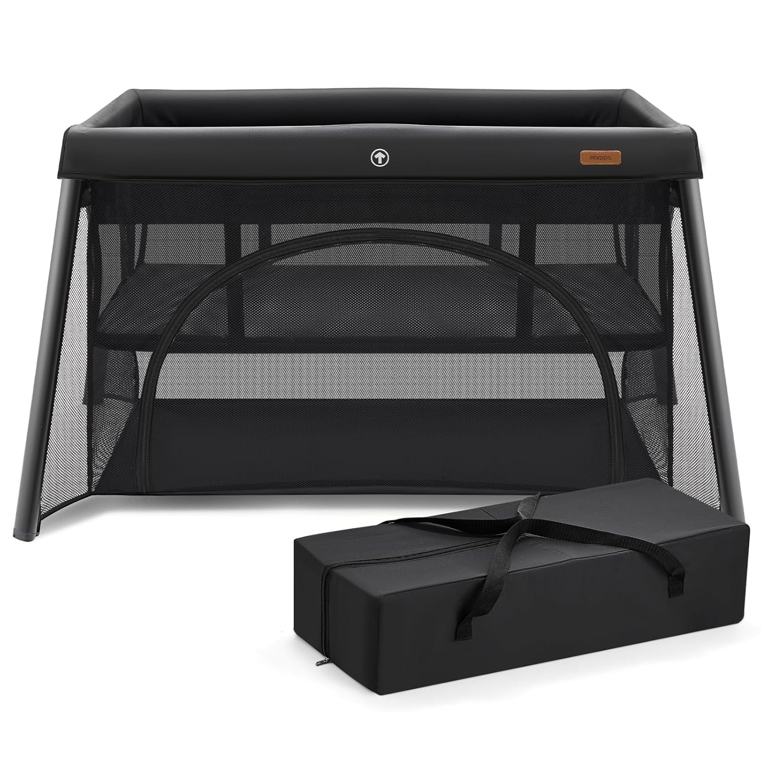 HARPPA Travel Crib with Comfy Mattress, Lightweight Portable Crib Requires No Assembly, Foldable Pack and Play for Baby and Toddlers, Compact Play Yard with Bed,Black