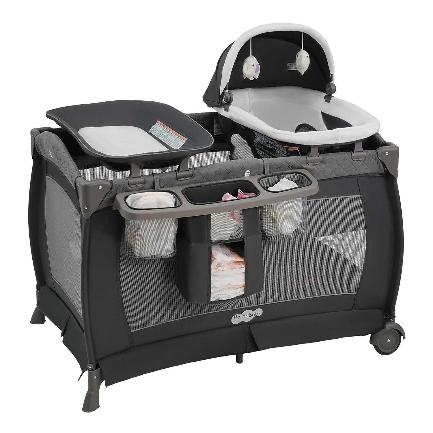 Pamo Babe Pack and Play 4 in 1 Playard Portable Playard Foldable Playpen for Baby and Toddler Portable Crib Mattress Diaper Changer for Newborn (Grey)