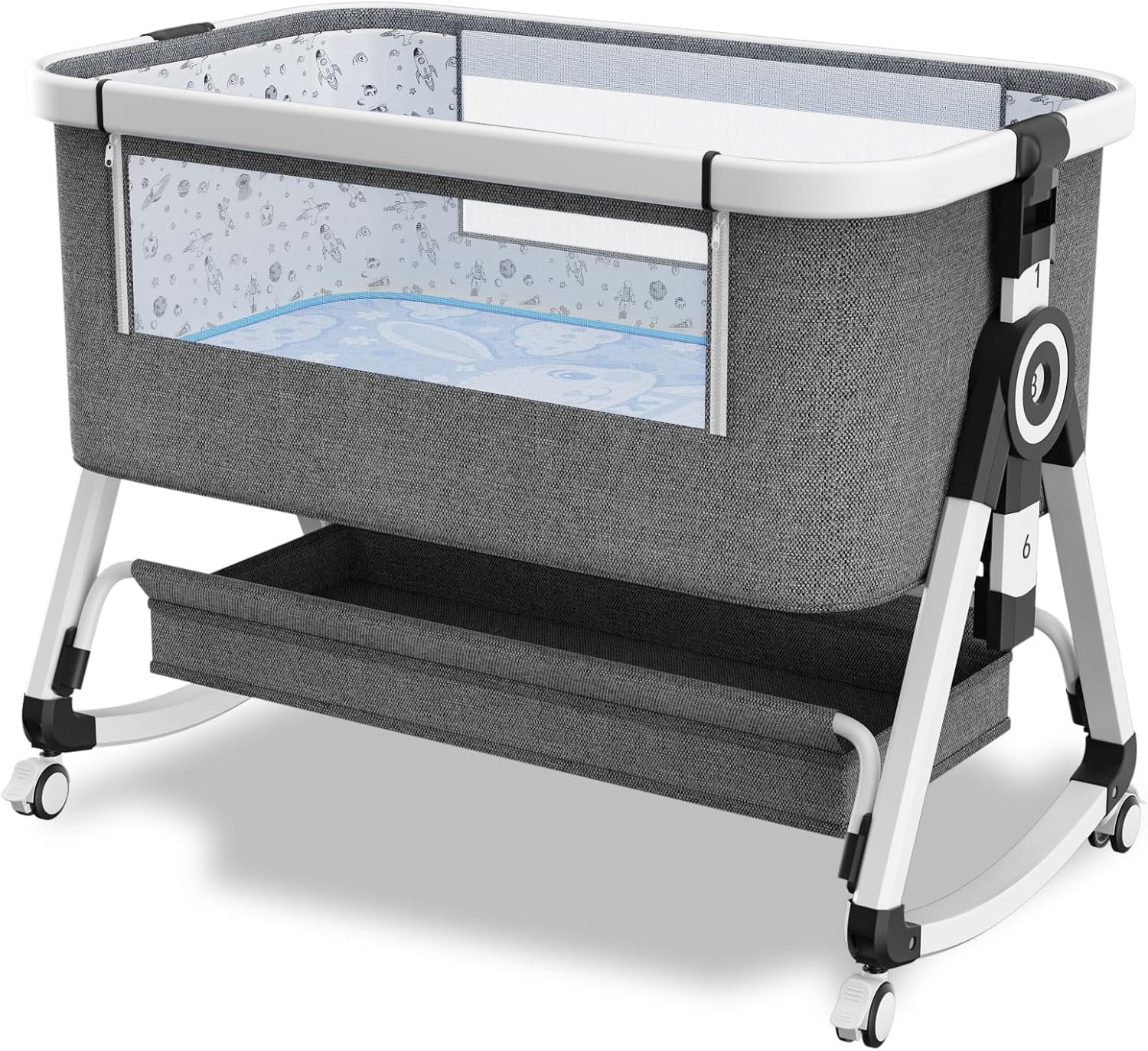 3 in 1 Baby Bassinet,Bedside Sleeper with Storage Basket and Wheels,Portable Baby Crib with Mosquito Net, 6 Adjustable Height & Breathable Mesh,Easy to Fold (White&Grey)