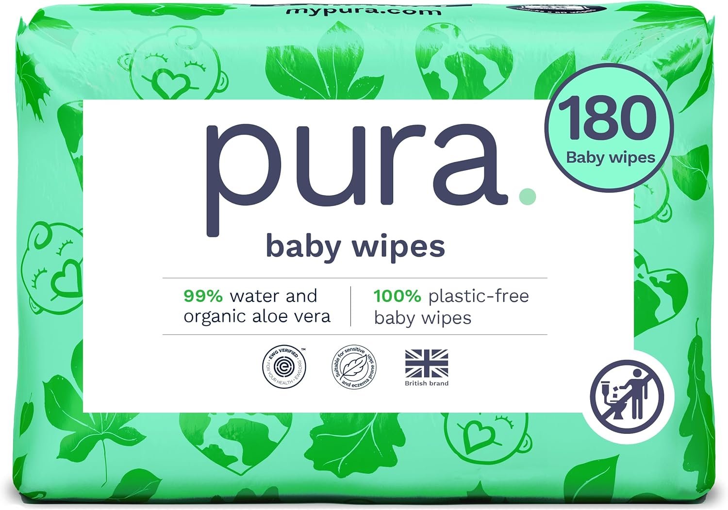 Pura Natural Sensitive Baby Wipes, 99% Water, Unscented & Hypoallergenic, Suitable for Sensitive & Eczema-prone Skin, Fragrance Free & Hypoallergenic, EWG Verified, 3 x 60 per pack (180 Wipes)