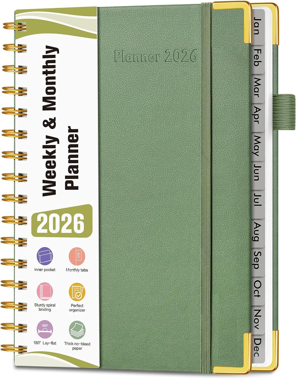 2026 Planner, Hardcover Leather Weekly and Monthly Planner, January 2026 – December 2026, Spiral Yearly Agenda Organizer Book 2026 with Tabs, Daily Calendar Planners for School Work Home, A5 (5.75″ x 8.38″), Green