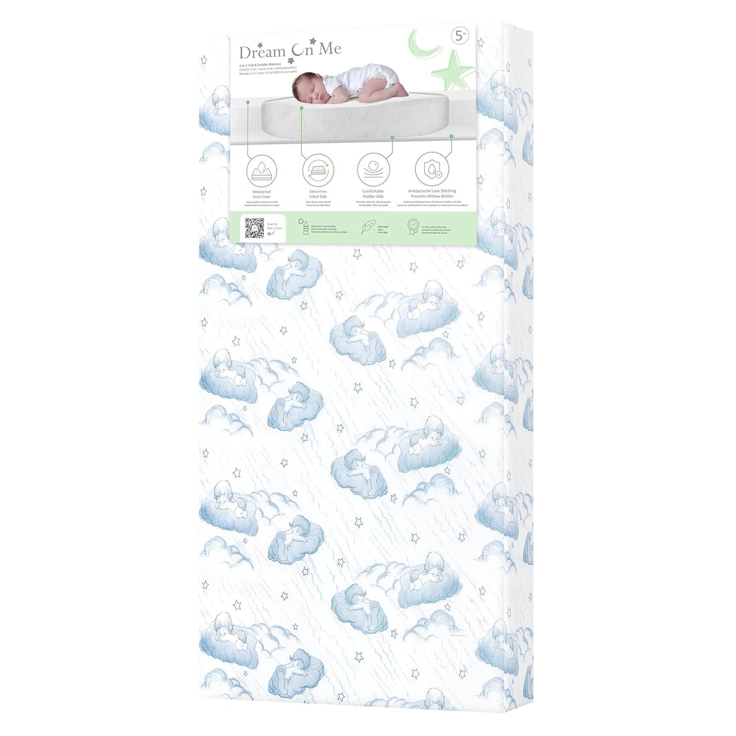 Dream On Me 5″ Cozy Cloud 2-in-1 Crib and Toddler Mattress, Dual-Sided – Infants & Toddlers, Breathable & Waterproof, 75% Recycled Fiber, GREENGUARD Gold & Baby Safety Alliance Certified – Blue Cloud
