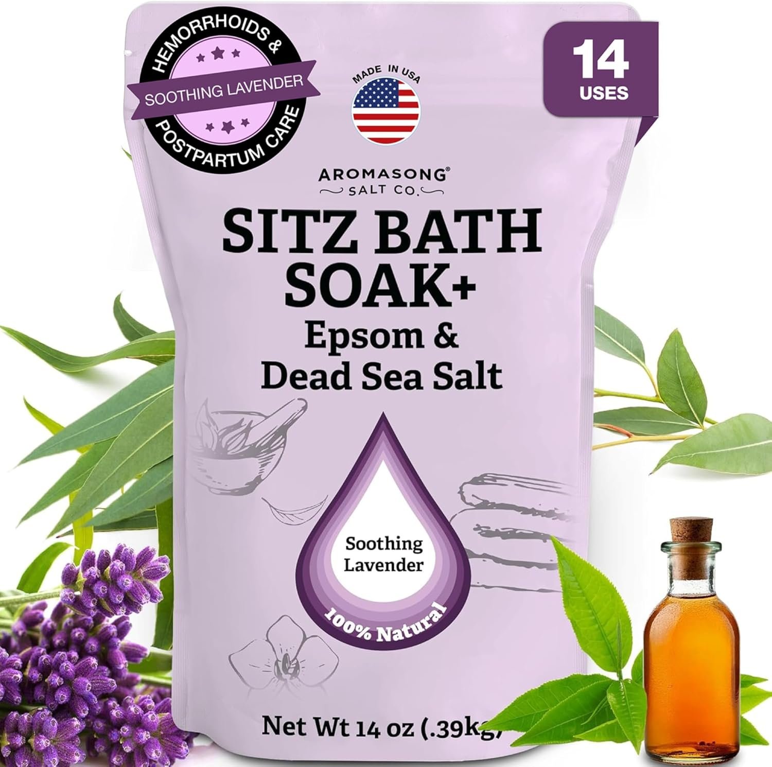 Aromasong Sitz Bath Postpartum Soak – Made in The USA with Dead Sea Salt & Epsom Salts – Soothing and Calming Ingredients Including Lavender, Chamomile Flower, and Eucalyptus Oil