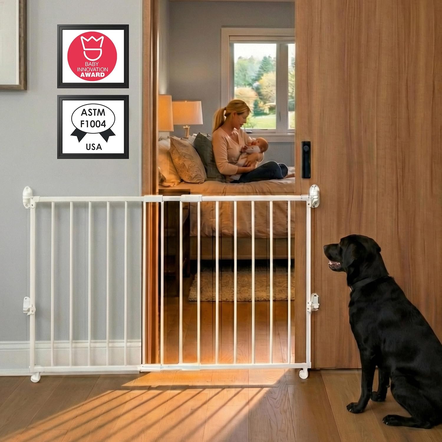 Yeagle Extendable Rolling Guard, Adjustable Pet Safety Gate, White Metal Expandable Indoor Barrier with Wheels for Stairs, Doorways and Hallways, Easy One-Hand Operation, Dual-Side Opening