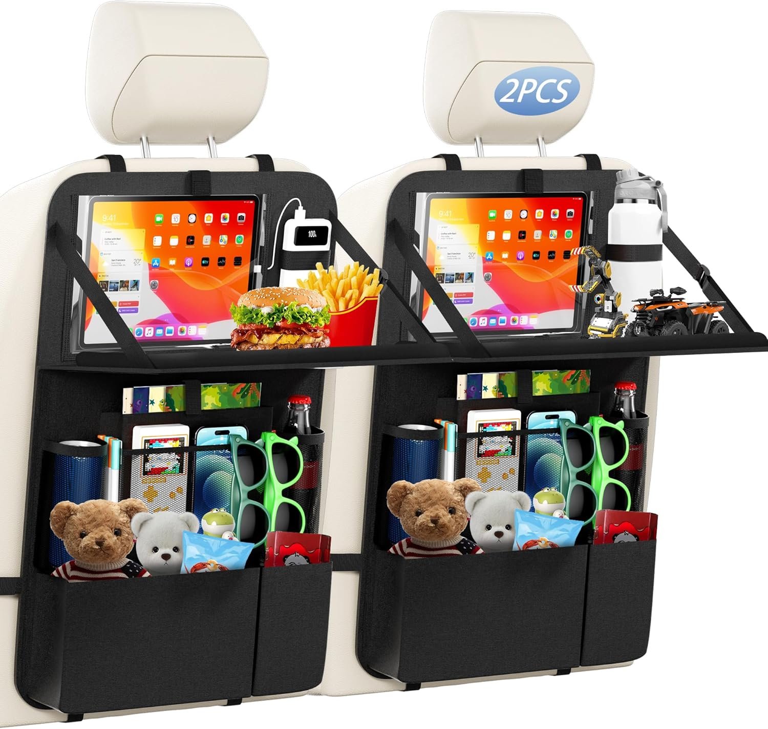 KaiCross Car Backseat Organizer with Table Holder,10 Storage Pockets Backseat Car Organizer and Storage with 600D Oxford Cloth,Travel Essentials,Kick Mats Back Seat Protector-2 Pack