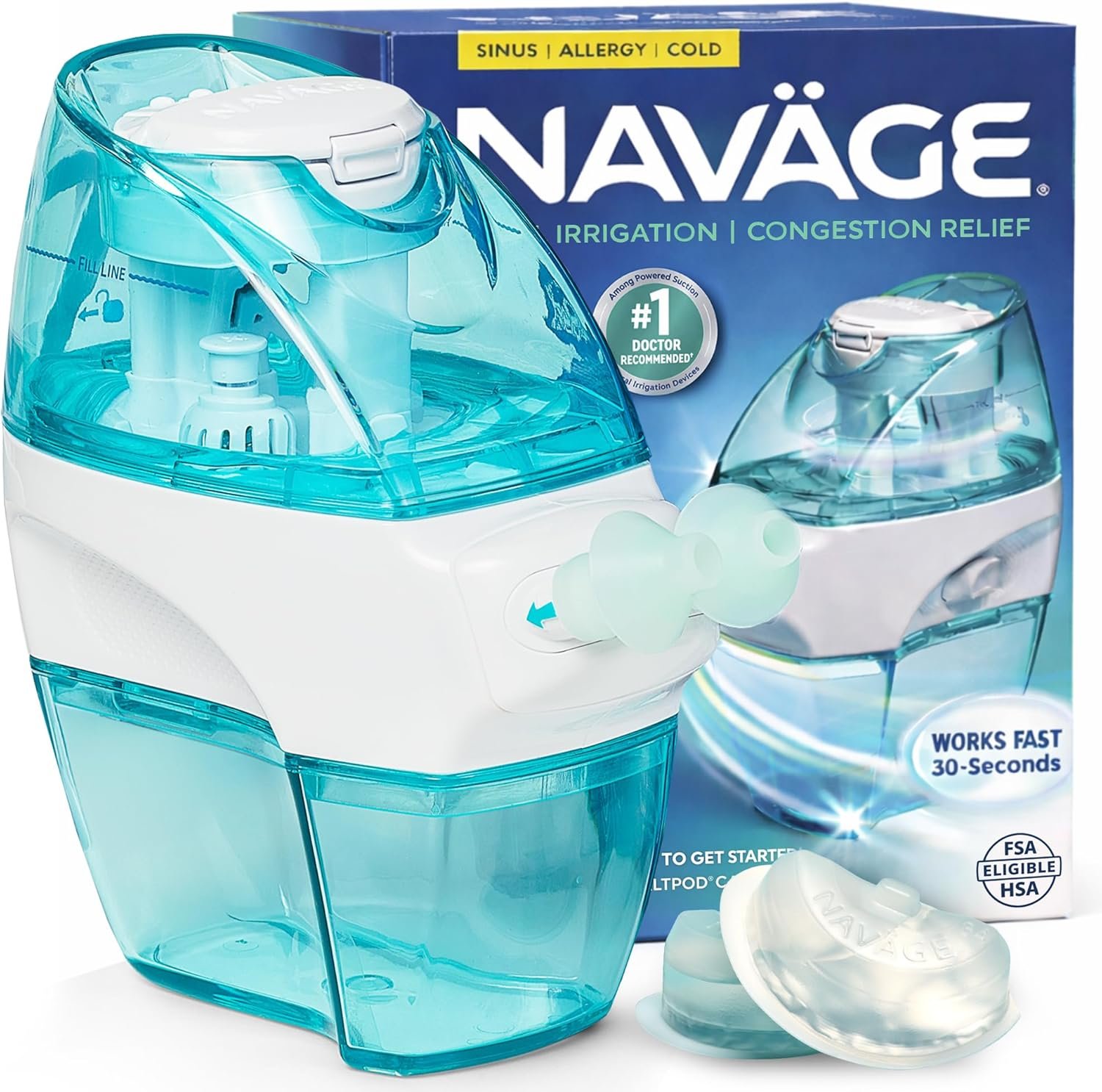 Navage Starter Bundle – Nasal Irrigation System – Saline Nasal Rinse Kit with 1 Nose Cleaner and 30 SaltPods for Congestion Relief ($109 Value). Sinus Rinse for Clinically Proven Benefits