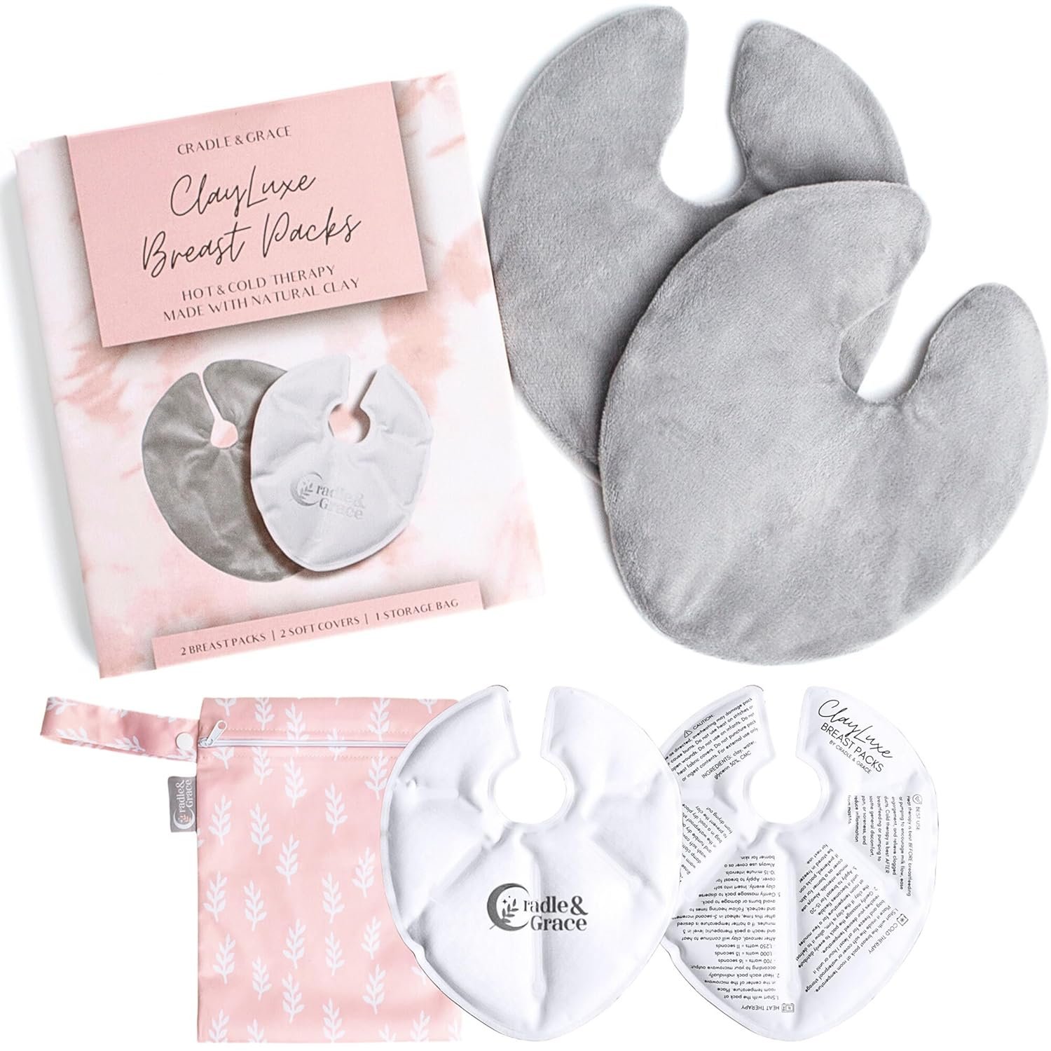 Cradle & Grace ClayLuxe Breast Therapy Packs, Natural Clay Hot & Cold Breast Pads with Covers & Bag, Reusable Breast Ice Packs for Mom’s Breastfeeding Essentials