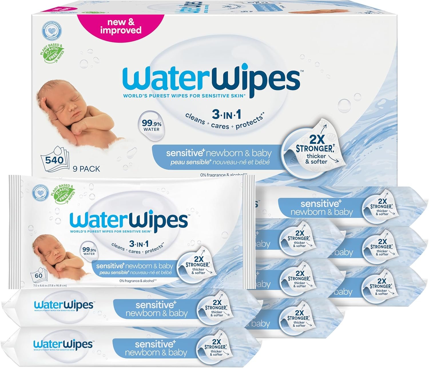 WaterWipes Sensitive+ Newborn & Baby Wipes, 3-In-1 Cleans, Cares, Protects, 99.9% Water, Unscented & Hypoallergenic, 540 Count (9 Packs)
