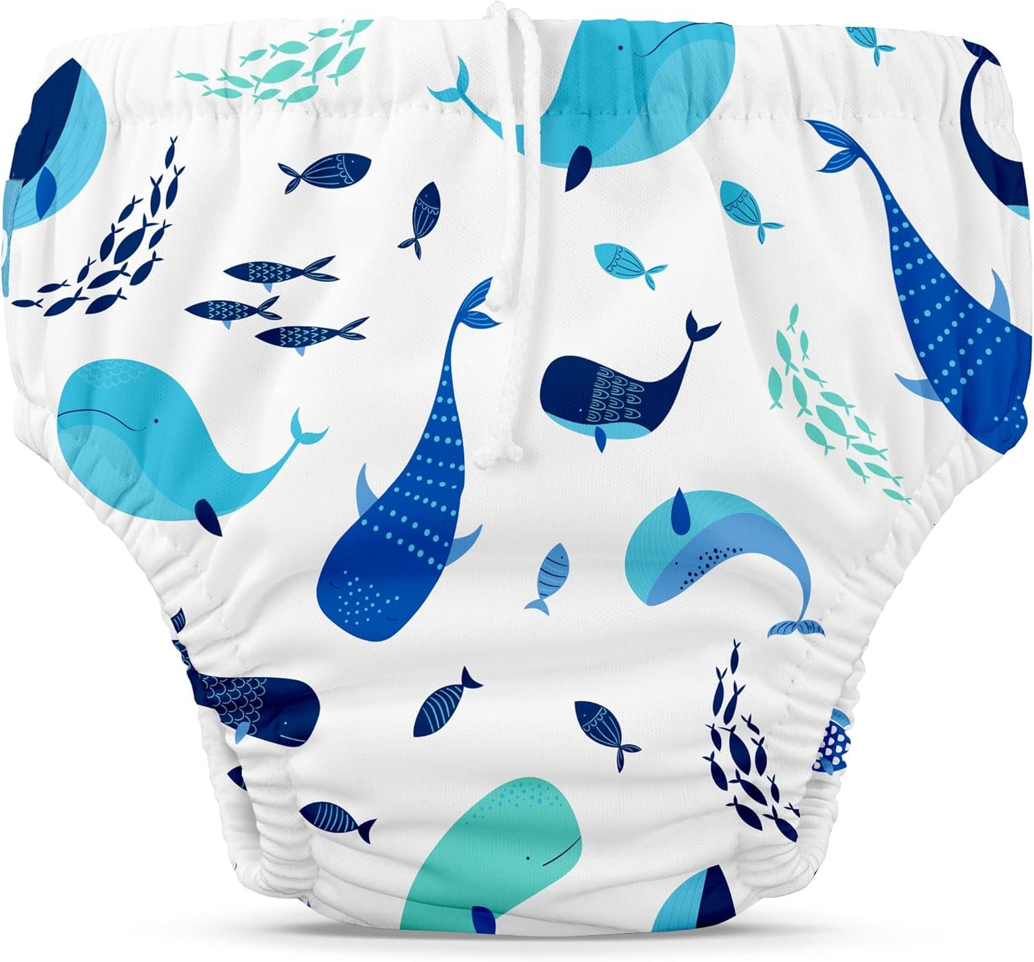 Charlie Banana Reusable Swim Diaper, Washable, Adjustable Drawstring for Baby Girls Boys, Soft and Snug Waterproof Fit to Prevent Leaks – The Whale on White, Size L (22-34 lbs)