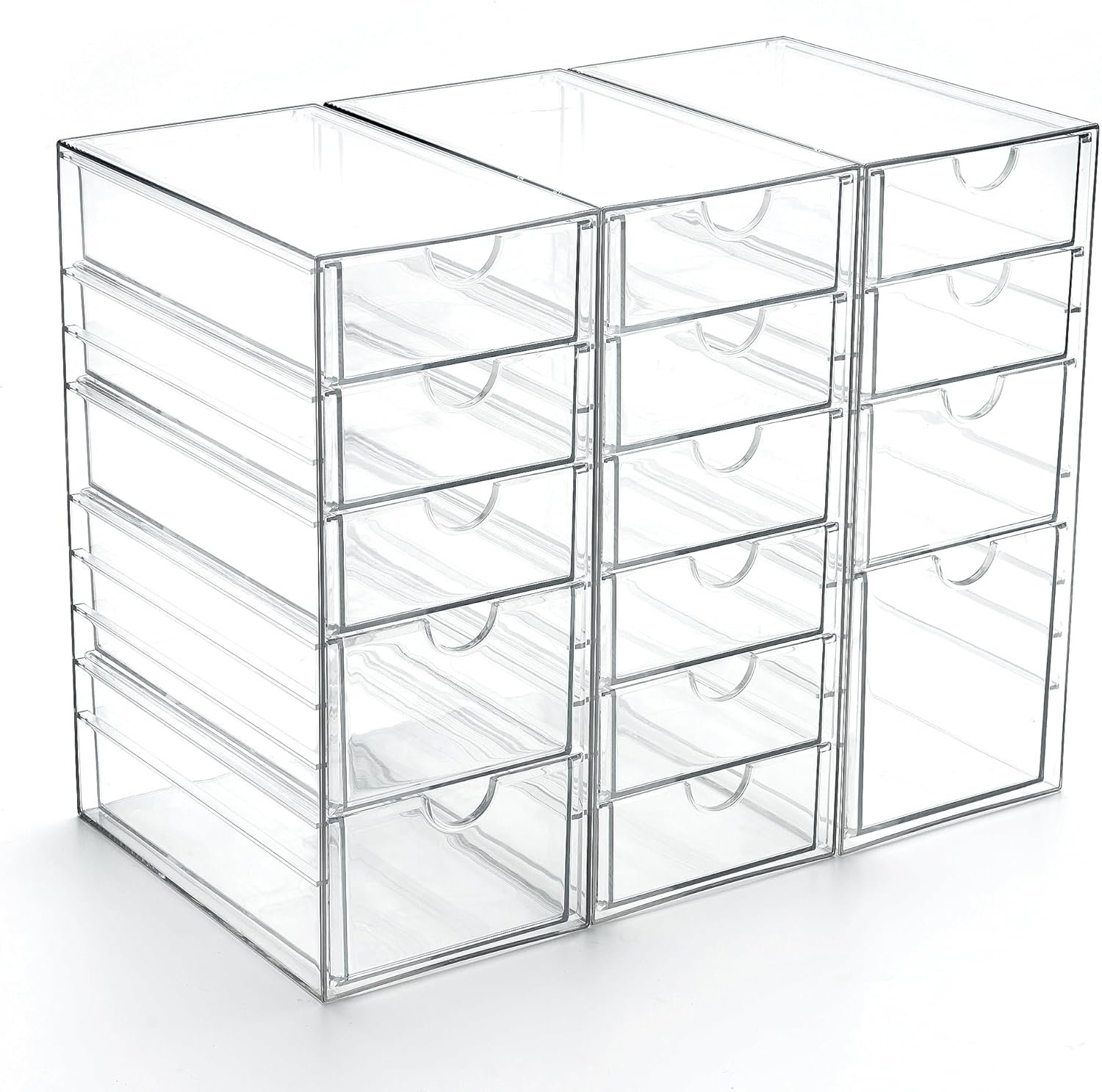 Prsildan Acrylic Drawer Organizer with 15 Drawers, Makeup Craft Office Desk Organizers Accessories, Set of 3 Clear Stackable Storage Drawers for Vanity, Countertop, Jewelry, Art Supply Organization