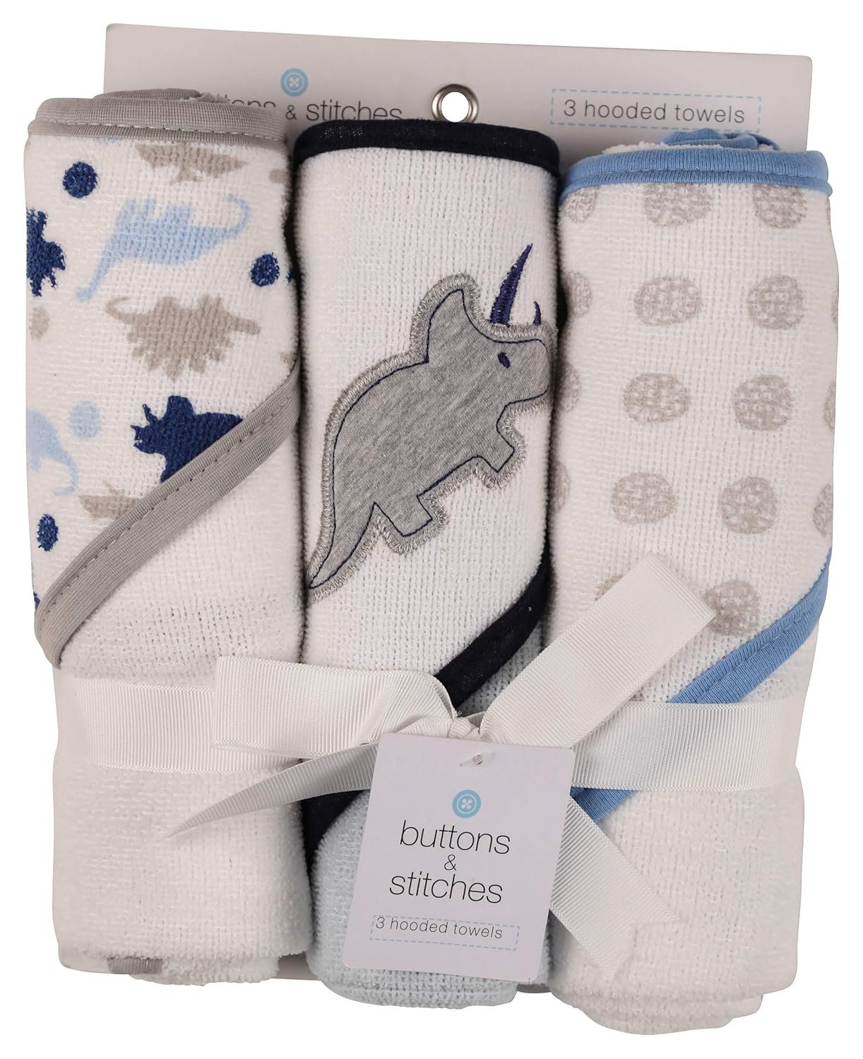 Buttons and Stitches Baby Boys 3 Pack Infant Hooded Towel, Triceratops Prints (GS71365)