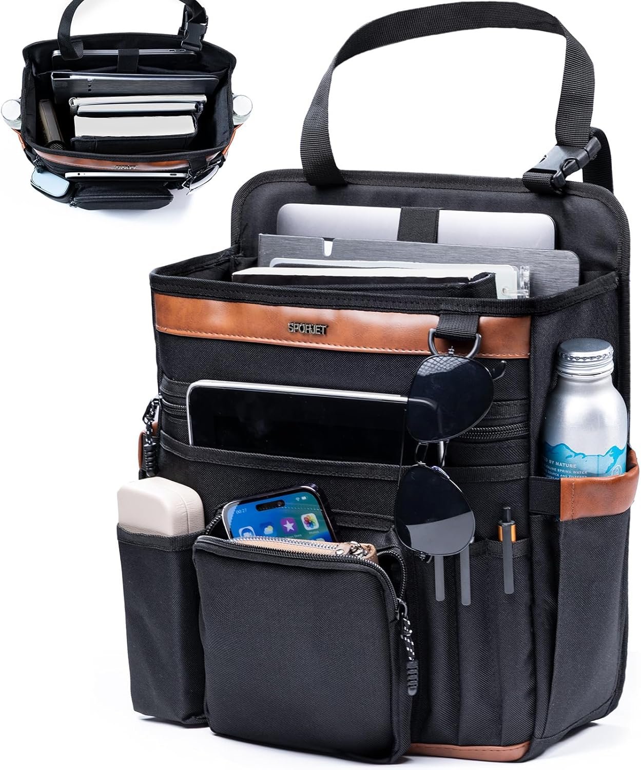 Car Seat Organizer with Laptop Compartment (Fits 15.6″), Front & Backseat Passenger Organizer with Adjustable Strap, Multiple Pockets, Portable Office Bag, Water-Resistant 1200D Polyester