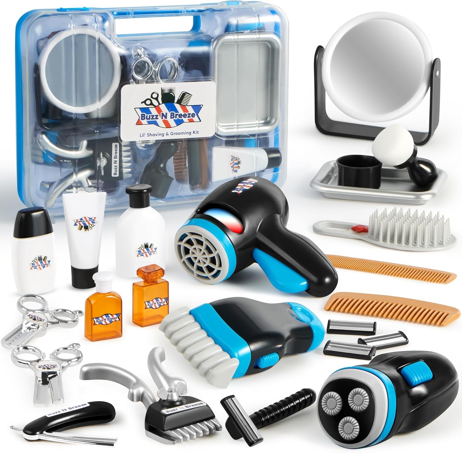 JOYIN Barber Shop Pretend Role Play Toy, 23 Pcs Kids Shaving Kit for Boys, Haircut Kit for Boys 3+ Year Old Easter Basket Stuffers Birthday Gift, Upgraded Toddler Role Play Set with Storage Box