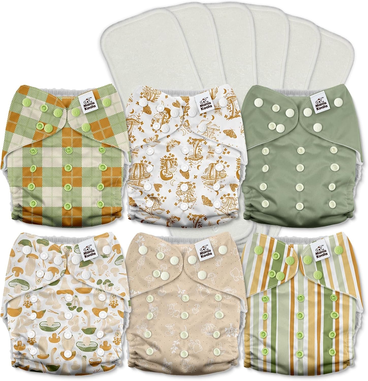 Mama Koala 3.0 Pocket Cloth Diapers for Babies with AWJ Lining, 6 Pack with 6 5-Layer Natural Cloth Diaper Inserts – Reusable and Washable Pocket Diapers(A-Mushrooms)