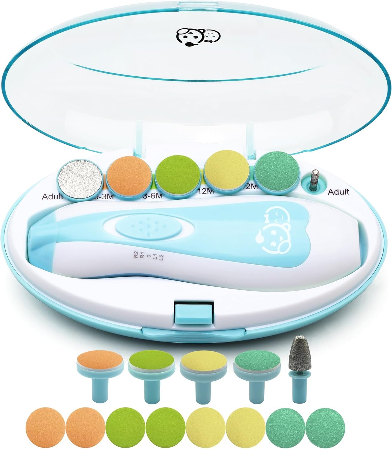 Royal Angels Upgraded 21 in 1 Baby Nail Trimmer with Labeled Case, 13 Extra Replacement Pads, Safe Electric Baby Nail File Kit for Newborns & Toddlers, Whisper Quiet Nail Clipper with LED Light (Blue)