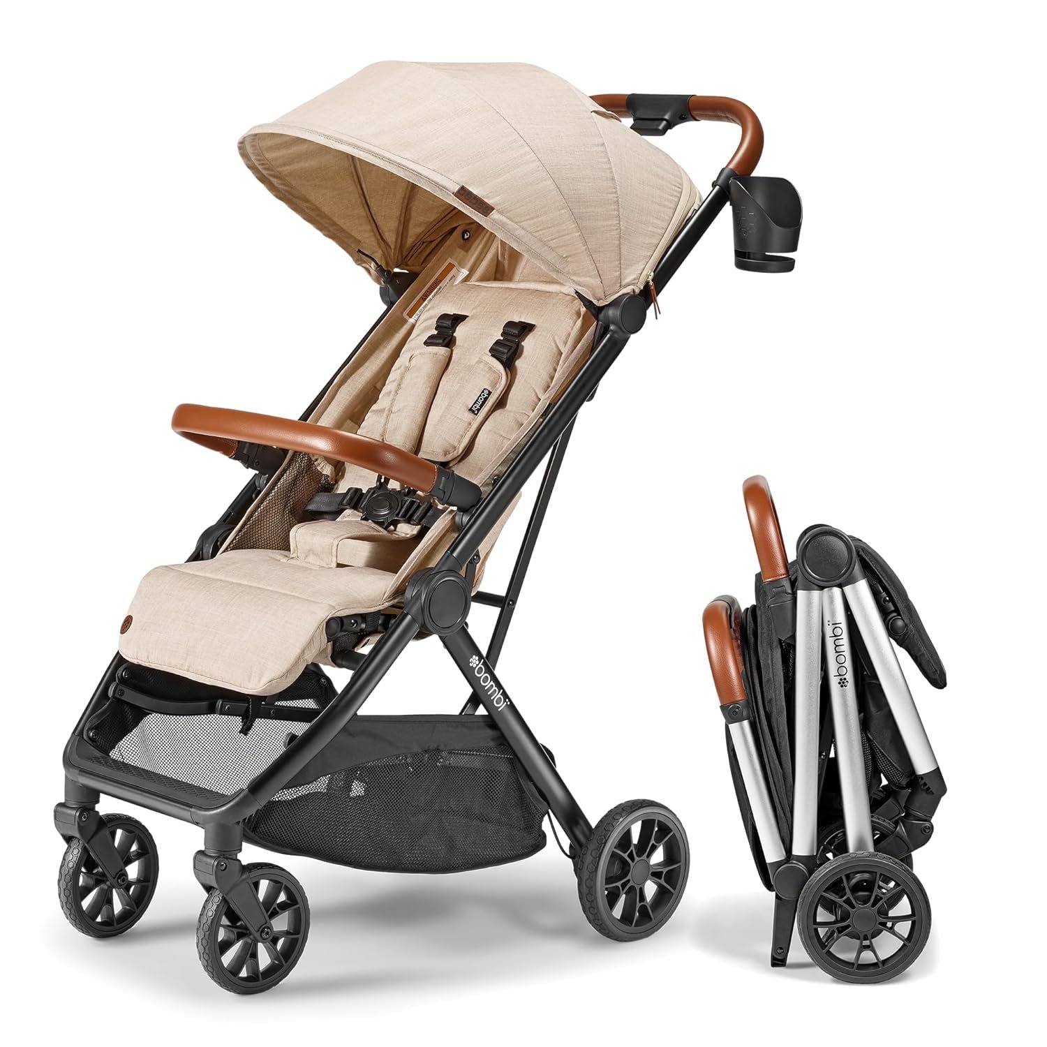 Bombi Bēbee V2 Lightweight Baby Stroller – Premium Vegan Leather, One-Hand Fold, Infinite Recline, Aircraft-Grade Aluminum Frame, XXL Canopy, and Ample Storage Umbrella Stroller – Sand