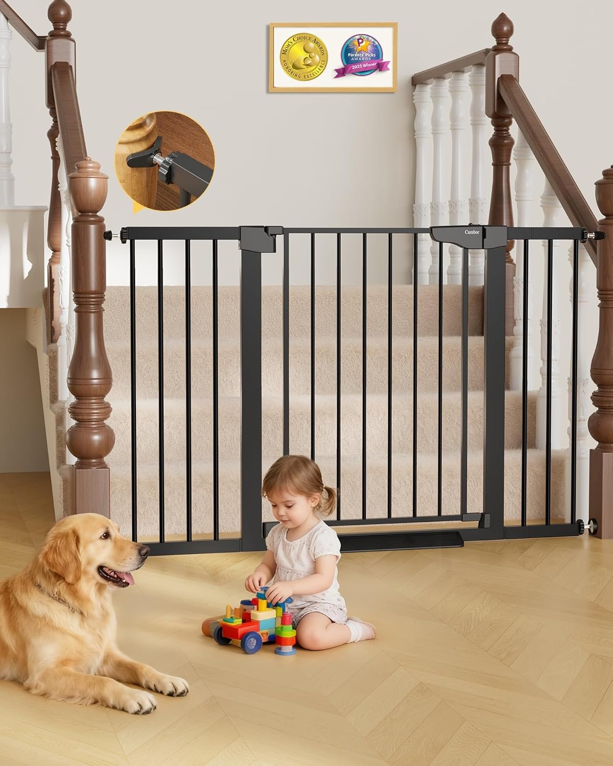 Cumbor 29.7″–51.5″ Extra Wide Baby Gate for Stairs, Pressure-Mounted Dog Gates for Doorways & Hallways, Auto-Close Walk-Through, No-Trip Design, Child Proof Safety, Dog/Pet Gate for Indoor Use, Black