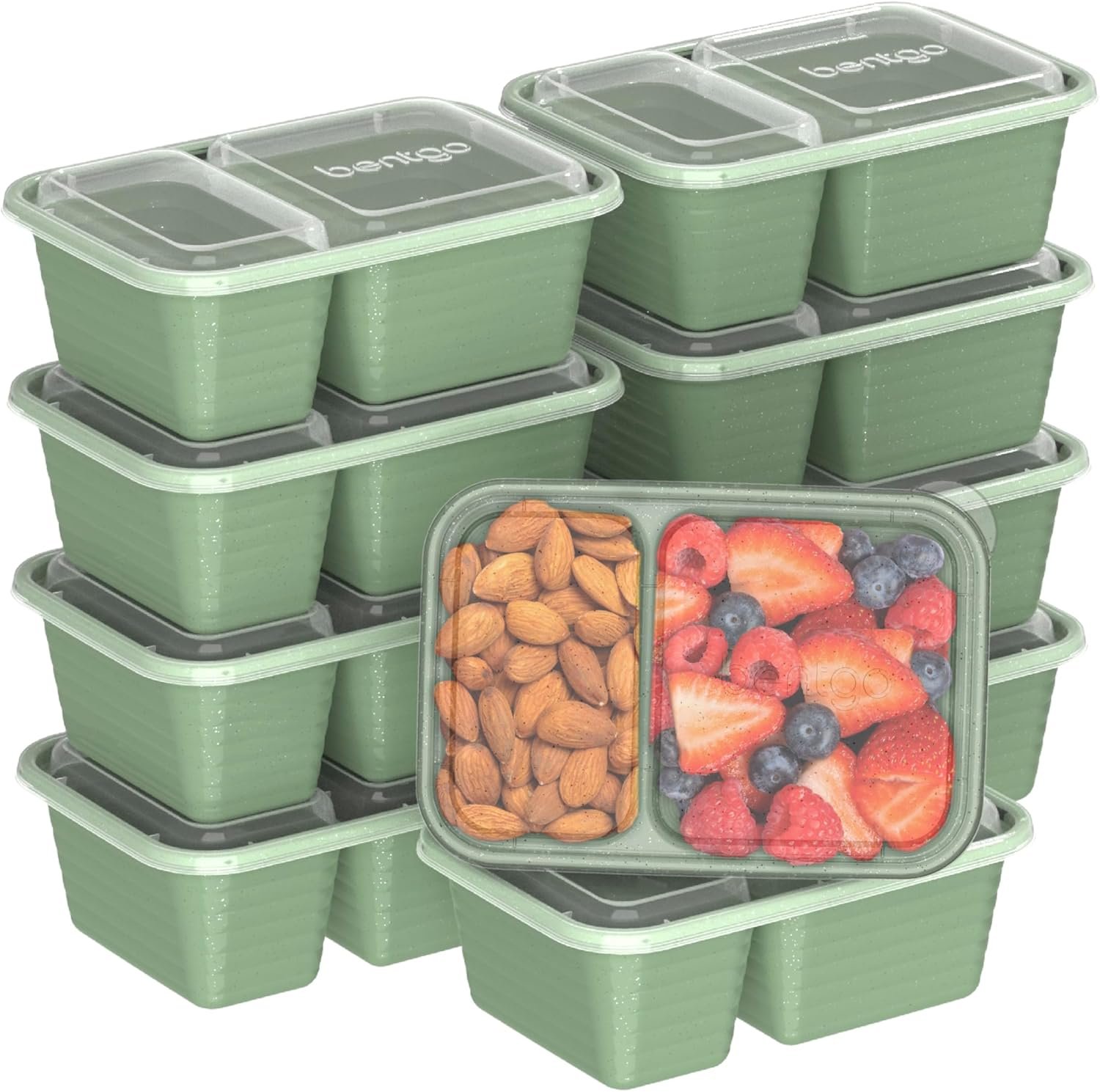 Bentgo Prep – 2-Compartment Snack Containers with Lids – Reusable, Microwaveable, Durable, PFAS & BPA-Free, Freezer, & Dishwasher-Safe Meal Prep Food Storage – 10 Trays & 10 Lids (Basil Glitter)