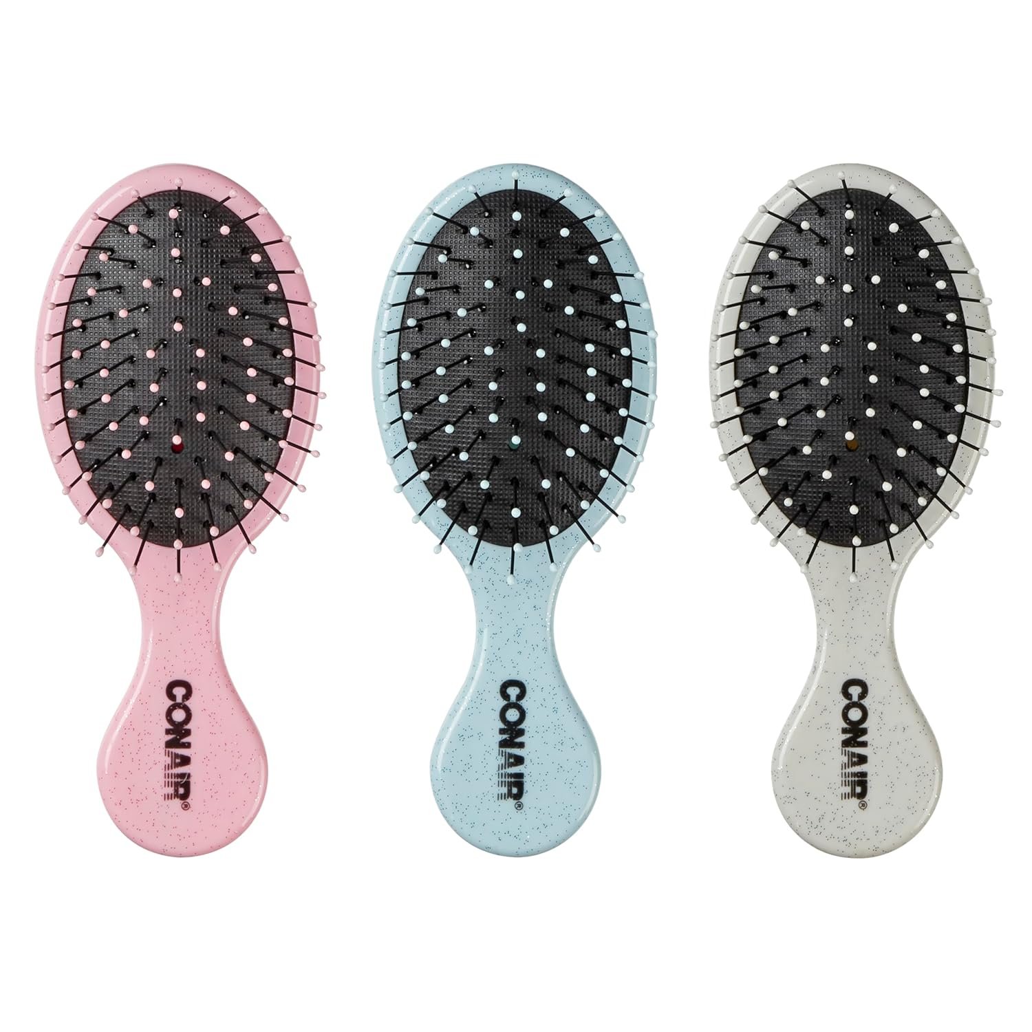 Conair Detangling Mini Hair Brush Set, 3-Pack Detangler Brushes for Wet or Dry Hair, Gentle Detangler for All Hair Types, Hair Brushes for Women and girls. gifts for her, Silver, Blue, Pink