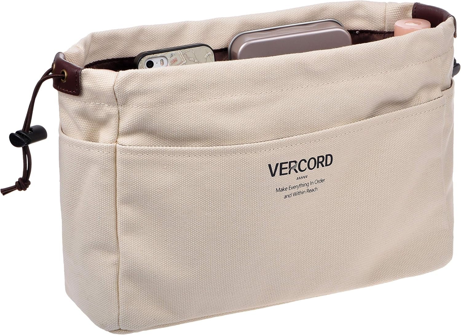 Vercord Canvas Handbag Organizers, Sturdy Purse Insert Organizer Bag in Bag, 10 Pockets Beige Small