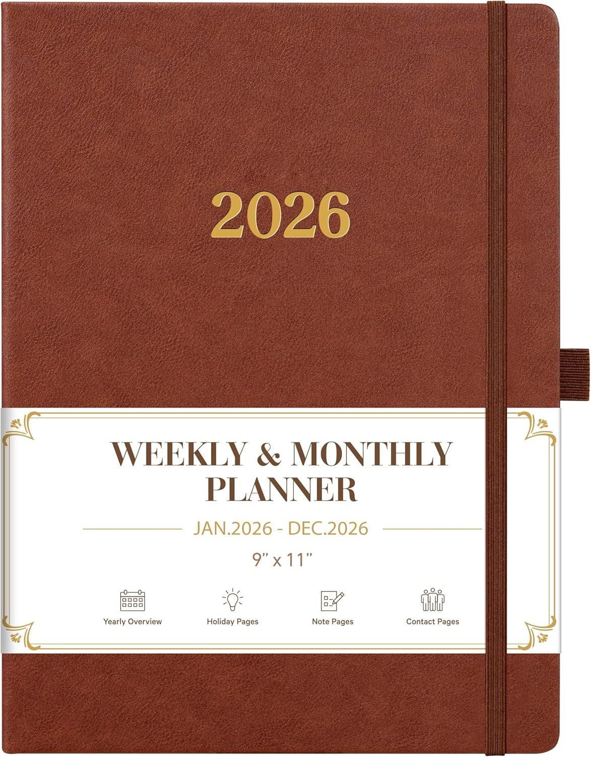 Vondafe 2026 Planner – Weekly and Monthly Planner 2026, Jan.2026 – Dec.2026, 9″ x 11″, 2026 Calendar Planner with Inner Pocket + Elastic Closure + Pen Loop + Bookmarks, Leather Hardcover – Brown