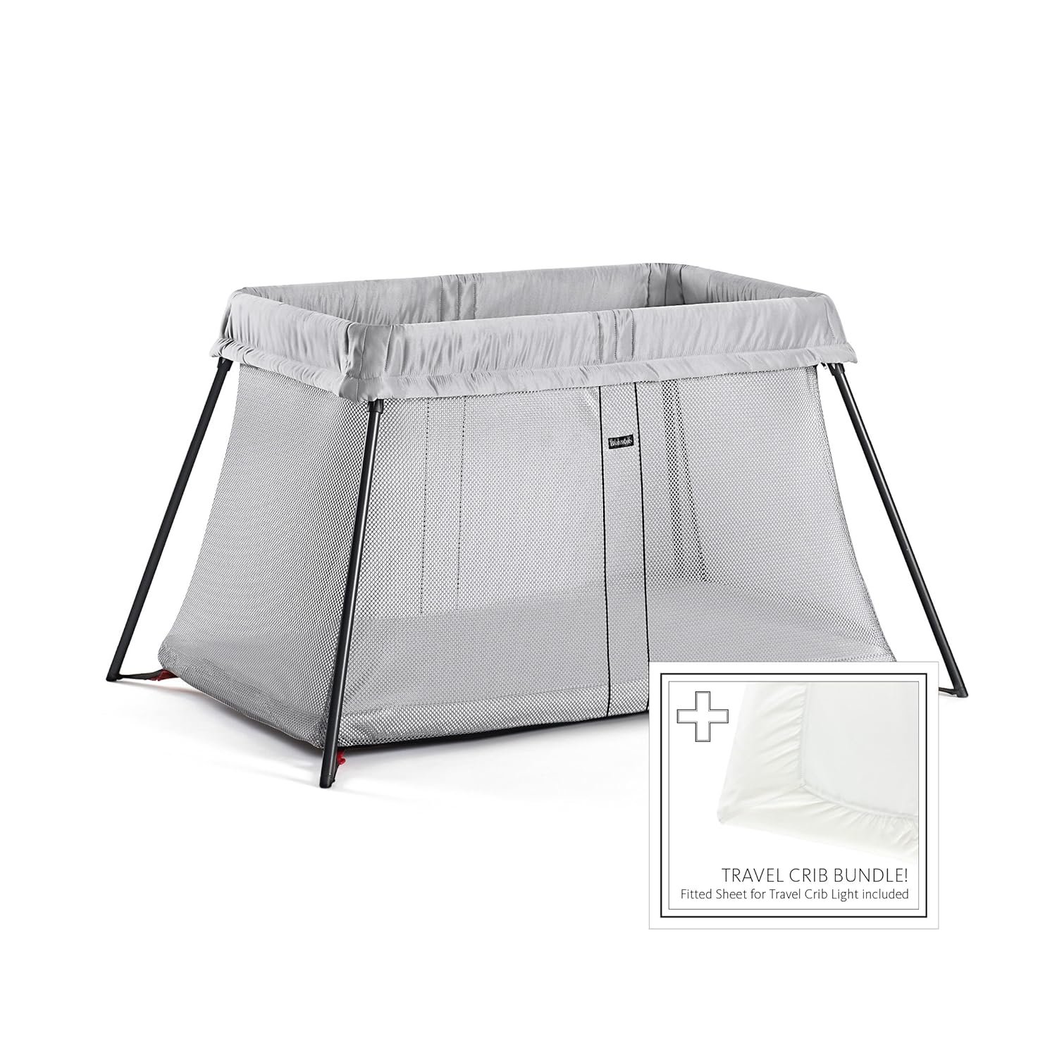 BABYBJORN Travel Crib Light – Silver + Fitted Sheet Bundle Pack ,Silver, One Size