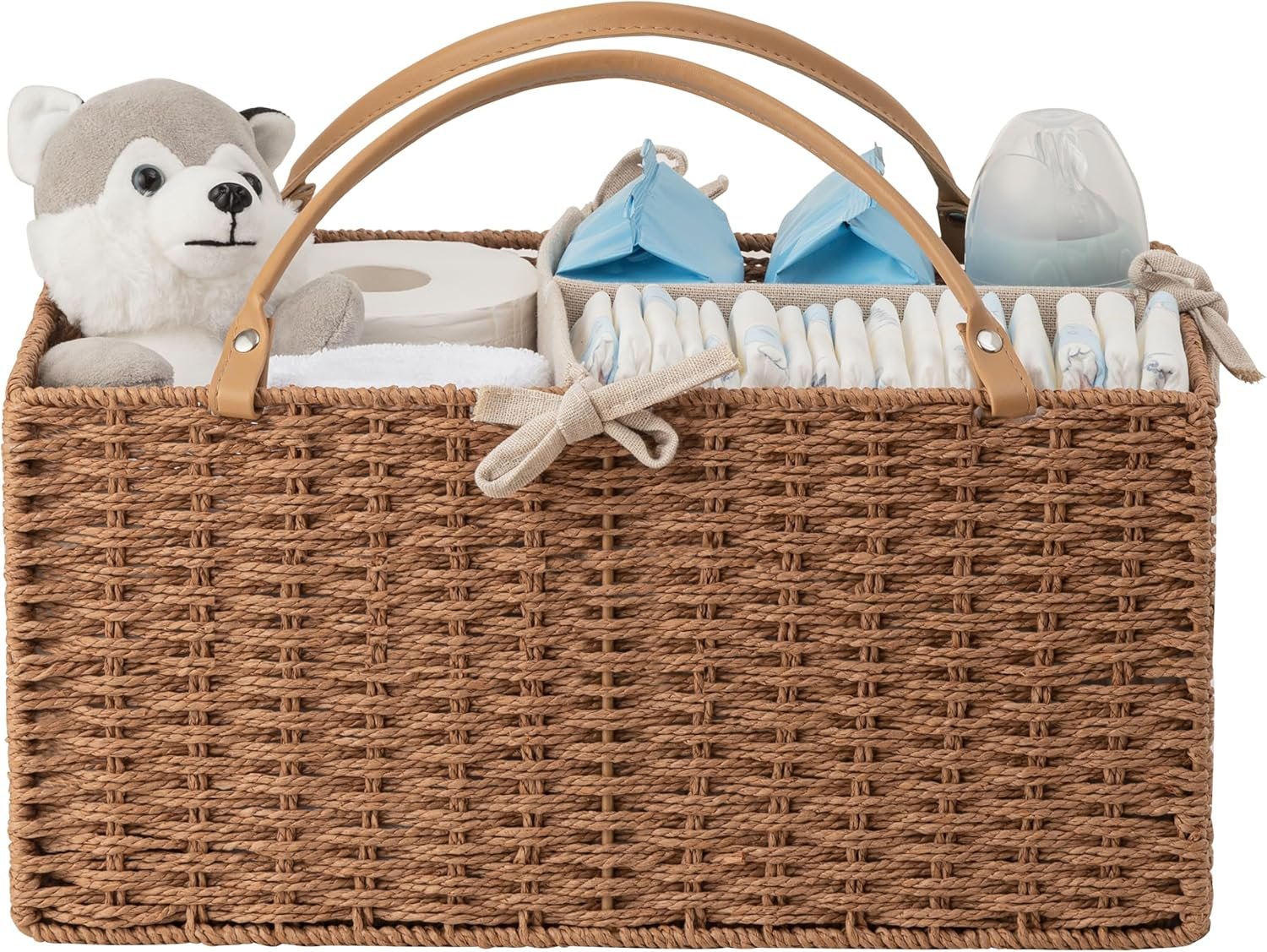 HBlife Baby Diaper Caddy Organizer, Paper Rope Storage Baskets Nursery Bin with Removable Divider, Portable Car Organizer for Diapers, Baby Shower Gifts, Newborn Essentials Must Haves