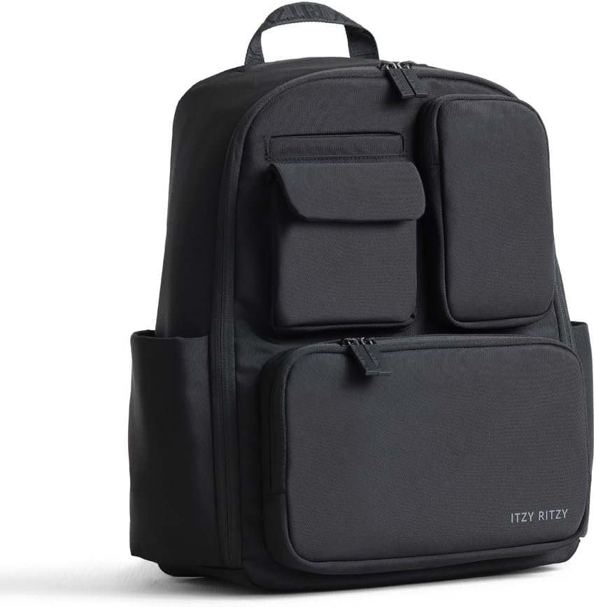Itzy Ritzy Utility Diaper Bag Backpack – Features 17 Pockets (Including 2 Insulated Bottle Holders) & Trolley Sleeve and Includes Stroller Straps & Changing Pad – Part of the Belong Collection (Black)