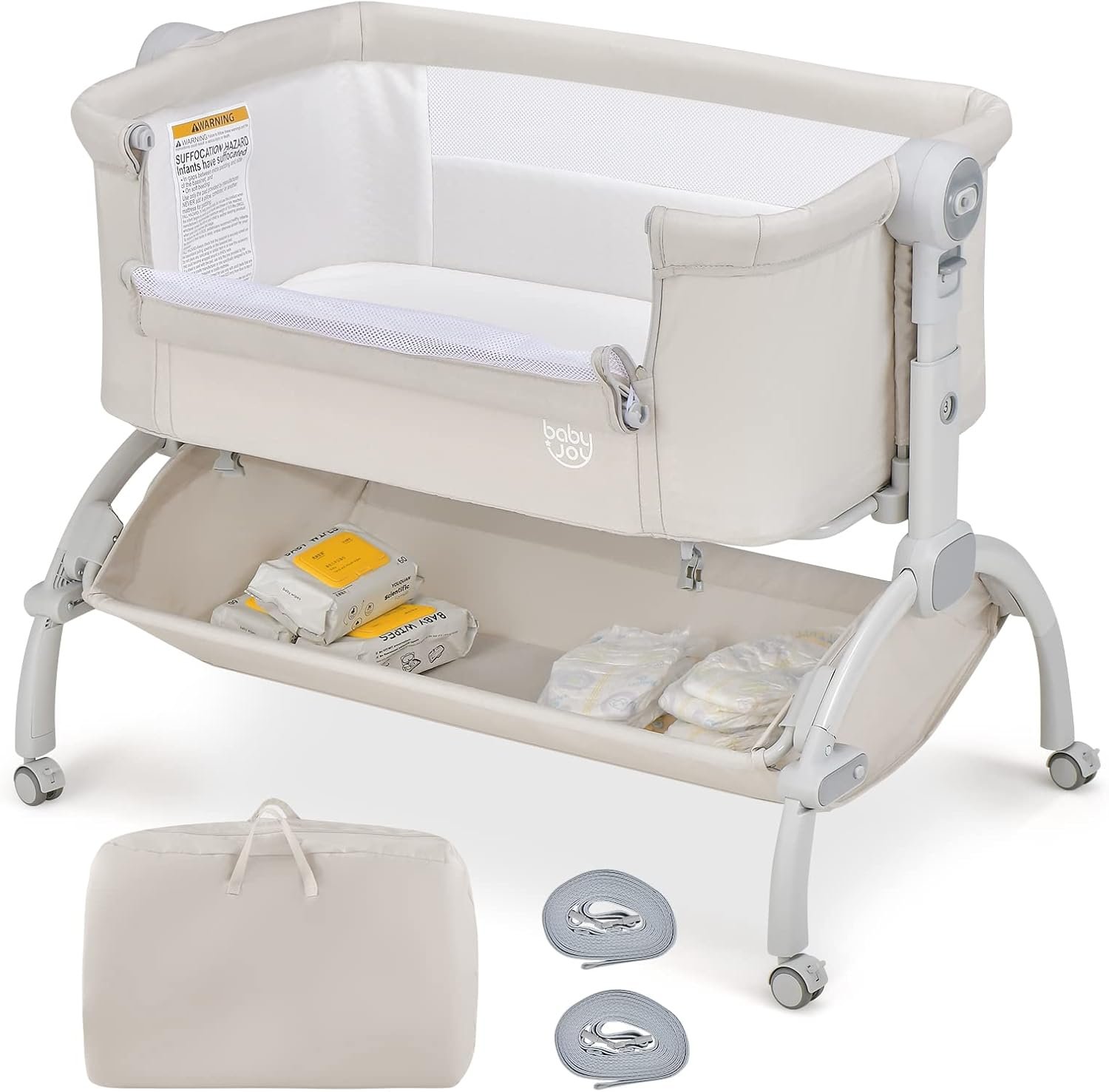 BABY JOY Baby Bassinet, 3-in-1 Rocking Bassinet w/Storage Basket, Double-Lock Design, 7 Adjustable Heights, Soft Mattress & Portable Travel Bag, Bassinet Bedside Sleeper for Newborns Infants (Beige)