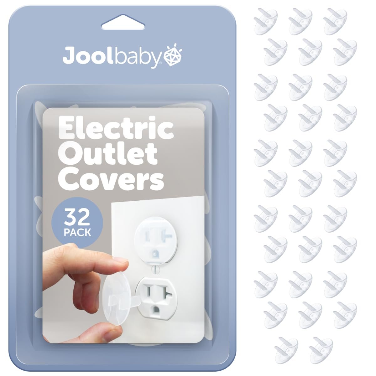 Jool Baby Outlet Covers (32 Pack) for Child Safety – Easy Adult Removal, Plug Protectors for Baby Proofing Electric Sockets – Transparent Design
