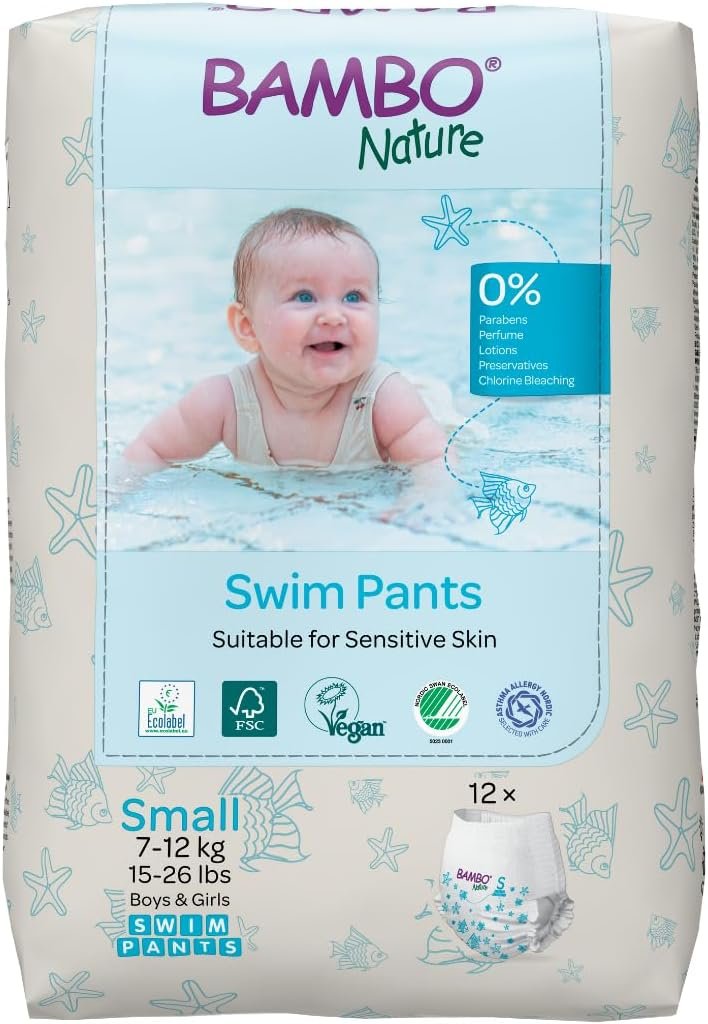 Bambo Nature Hypoallergenic Swim Pants, Eco-Labeled Swim Diapers, Double Leak Barriers – Small (12 Count)