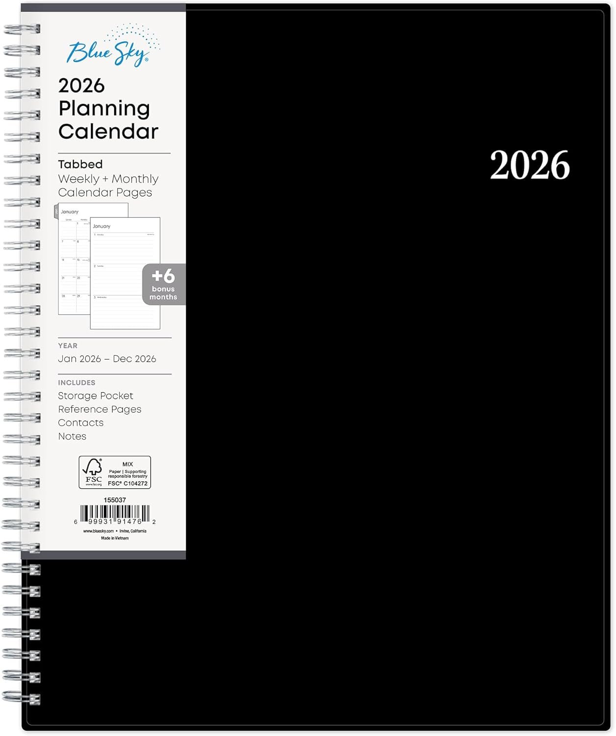 Blue Sky 2026 Weekly and Monthly Planner Calendar, Includes January 2026 – December 2026, 8.5″ x 11″, Flexible Cover, Wirebound, Laminated Tabs, Storage Pocket, Enterprise