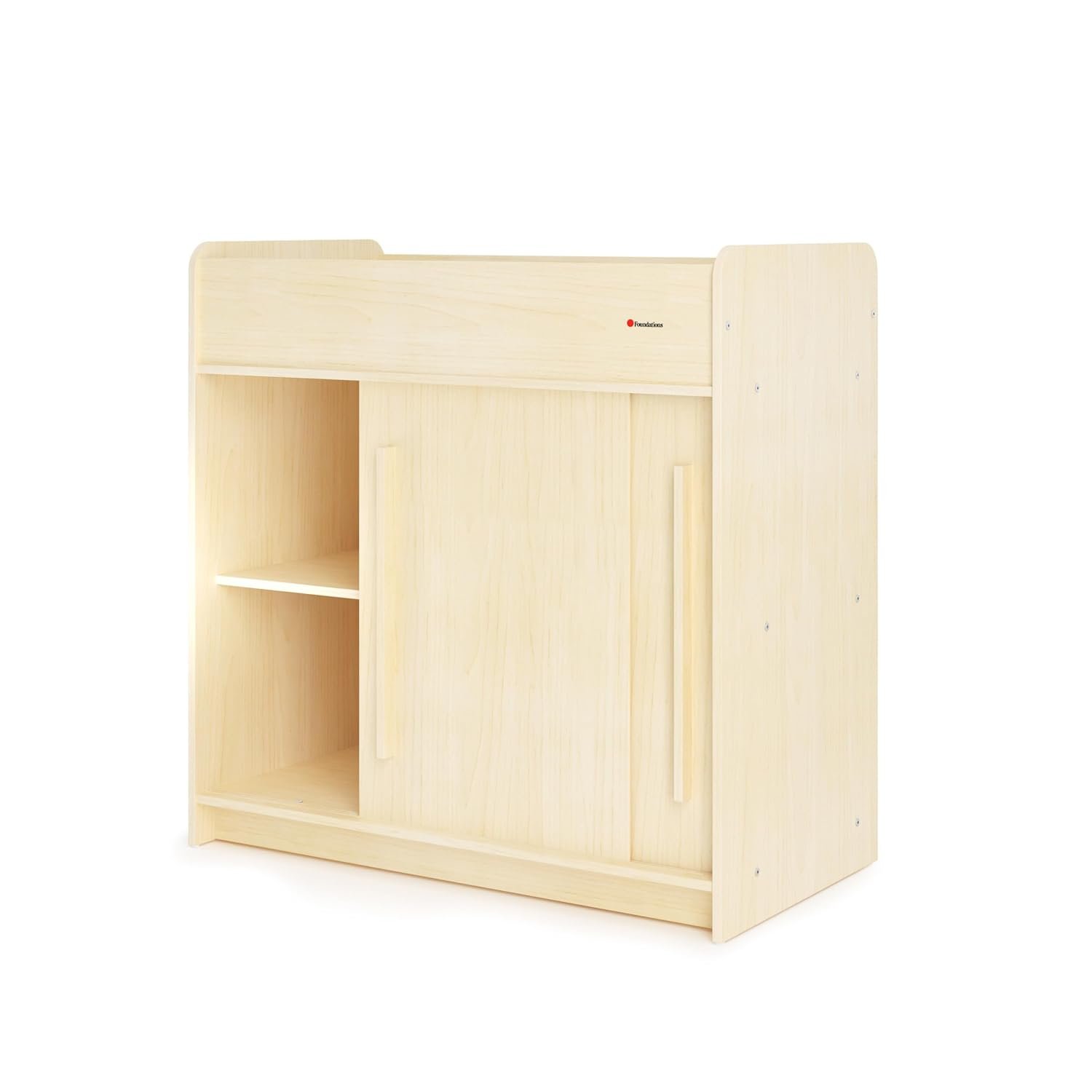 Foundations SafeGlide Daycare Changing Table, Durable Wood Construction, Built-in Shelving for Ample Storage, Gliding Doors, Adjustable Safety Strap, Includes Foam Mattress Pad, Natural