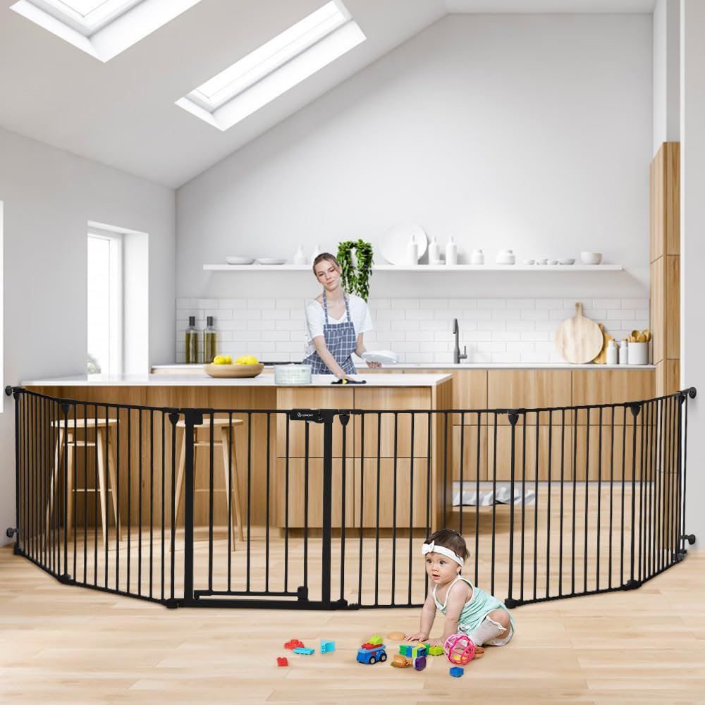 COMOMY 150″ Extra Wide Baby Gate with Door, Dog Gates for The House Doorways Fireplace, Auto Close Baby Fence Play Area, Walk Through Pet Gate, Hardware Mounted, 6-Panels (30″ Tall, Black)