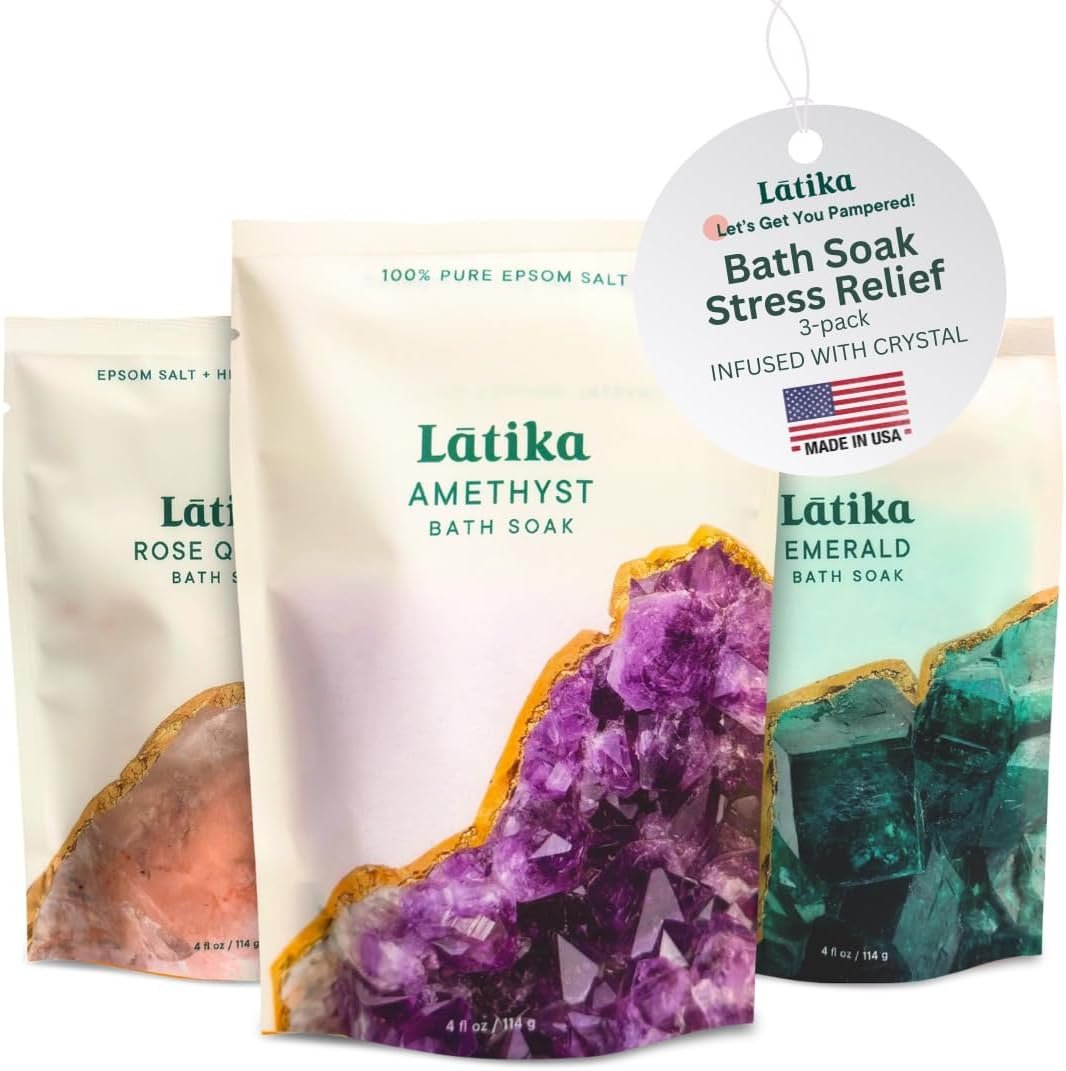 Latika Geode-Inspired Bath Soak Set of 3 – Amethyst, Rose Quartz & Emerald with Essential Oils & Epsom Salt – Sandalwood, Lavender, Sage & Eucalyptus for Stress Relief, Muscle Recovery & Skin Care