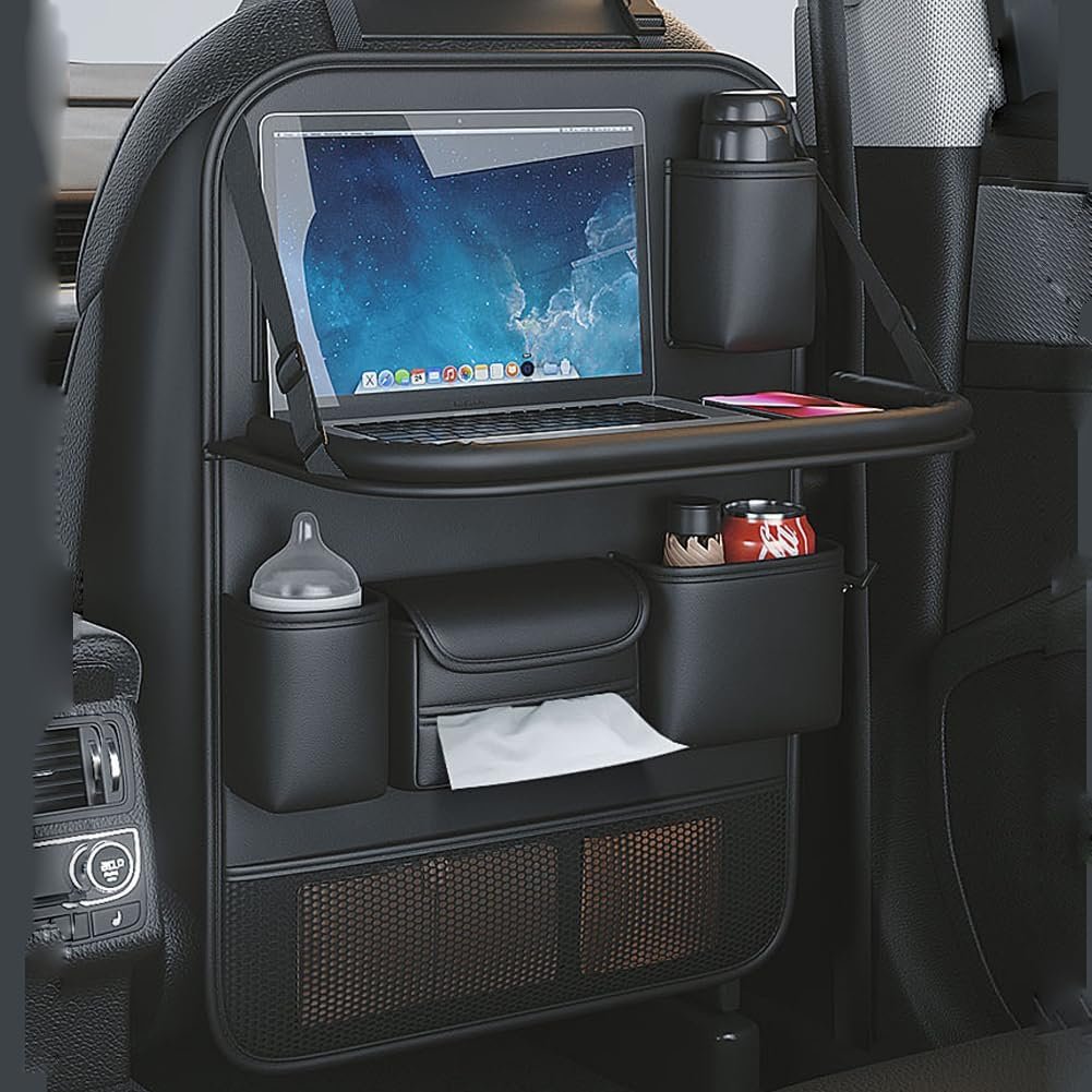 Car Backseat Organizer with Foldable Table Tray,Car Seat Back Protector with Touch Screen Phone Holder,Premium PU Leather Material,Compatible with Most Vehicles,Inner Car Accessories