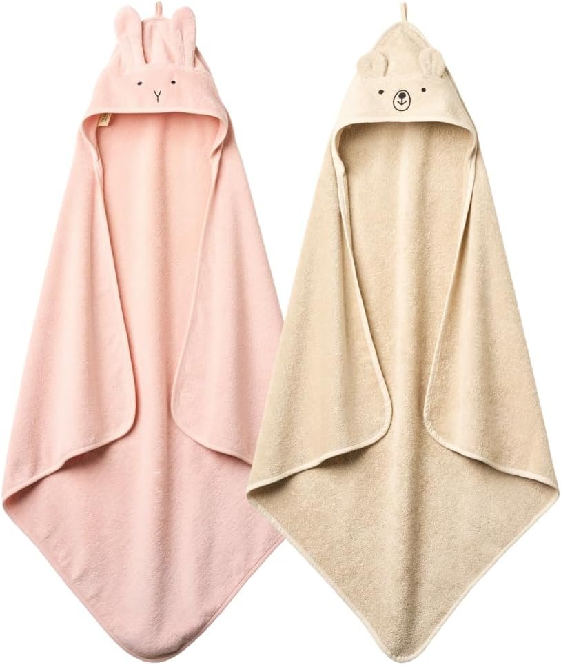 Huxie Baby Hooded Towel – Organic Cotton Baby Bath Towels, 32″ x 32″ Super-Soft and Absorbent Baby Towels for Newborn 2-Pack (Rabbit Blush/Bear Fog)