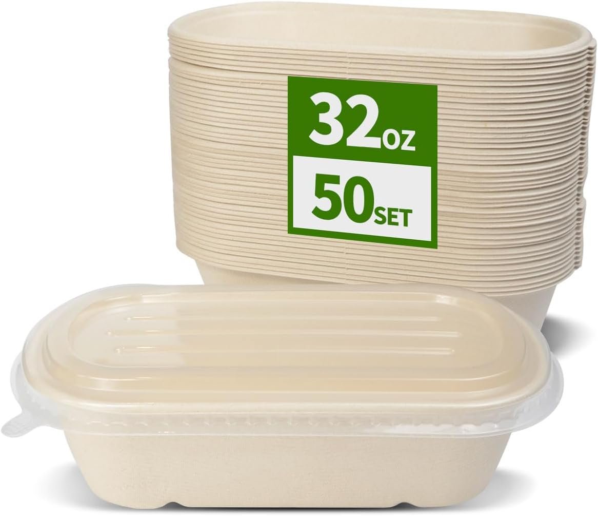 50 Pack 32 oz Disposable Meal Prep Containers Disposable Food Containers with Lids, Paper Togo Containers for Meal Prep, Lunch, Leftover (50 Bowls 50 Lids)