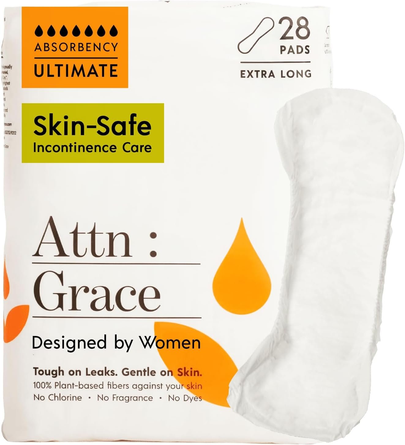 Attn: Grace Ultimate Incontinence Pads for Women, 28-Pack – High Absorbency, Breathable, Plant-Based – Overnight Pads for Heavy Bladder Leaks & Sensitive Skin